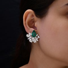 18.61 Ct Natural Diamond & Zambian Emerald Pear Cluster Earrings in 14K Gold