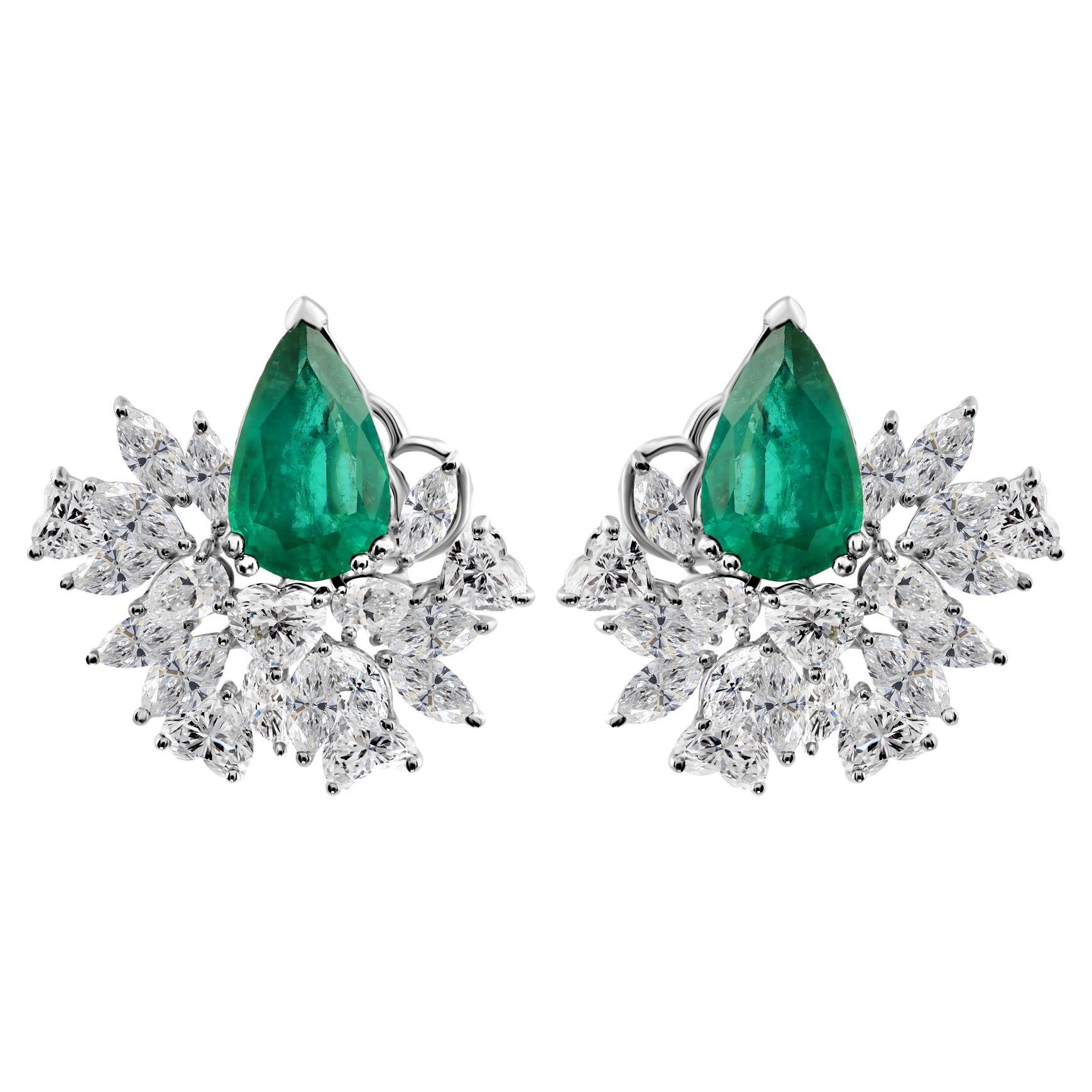 18.61 Ct Natural Diamond & Zambian Emerald Pear Cluster Earrings in 14K Gold