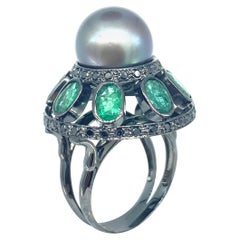 Statement 18k Black Gold Ring with Tahitian Pearl, Emeralds and Black Diamonds