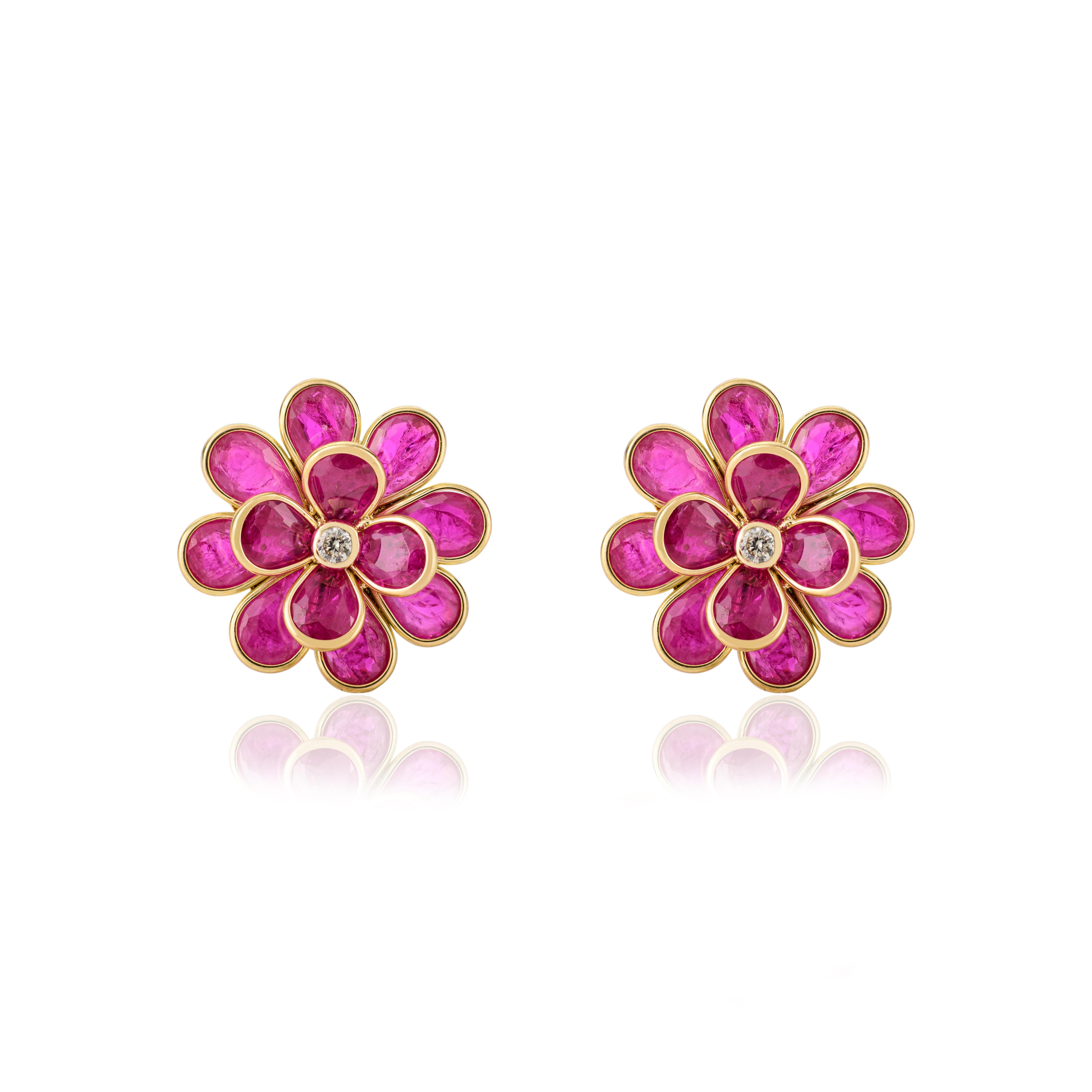 Modern Statement 18k Solid Yellow Gold Ruby Blazing Flower Stud Earrings with Diamond For Sale