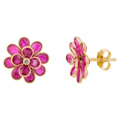 Statement 18k Solid Yellow Gold Ruby Blazing Flower Stud Earrings with Diamond