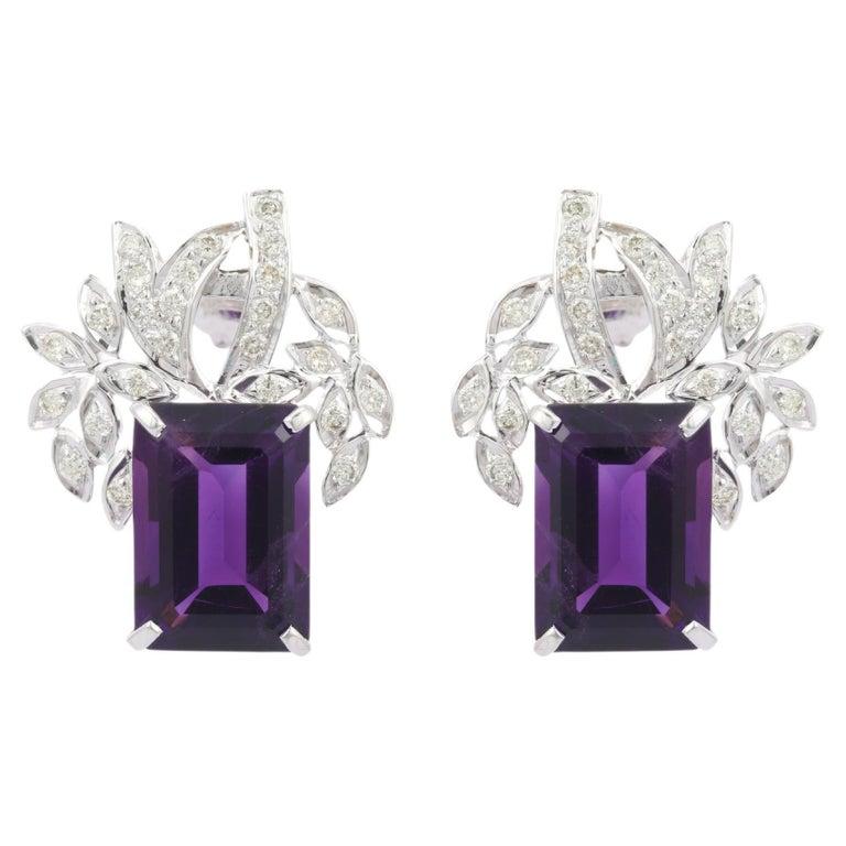 Statement 18kt Solid White Gold 14.7 ct Octagon Amethyst Diamond Stud Earrings In New Condition For Sale In New York, NY