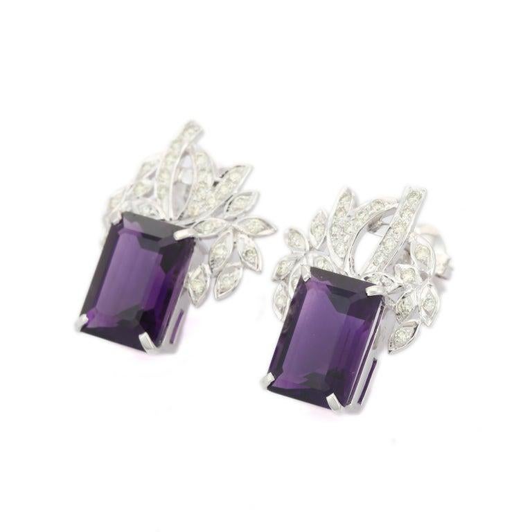 Women's Statement 18kt Solid White Gold 14.7 ct Octagon Amethyst Diamond Stud Earrings For Sale