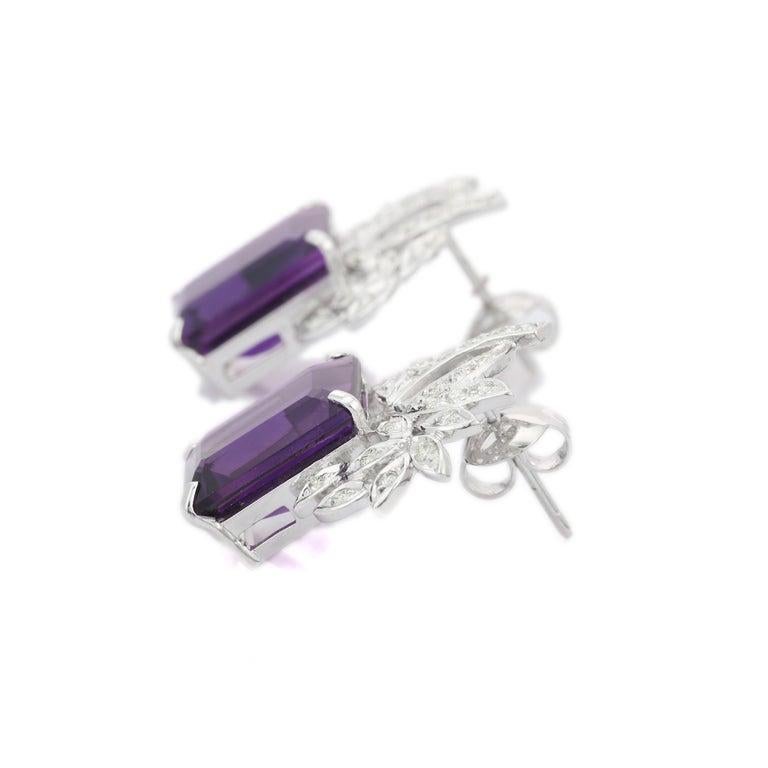 Statement 18kt Solid White Gold 14.7 ct Octagon Amethyst Diamond Stud Earrings For Sale 2