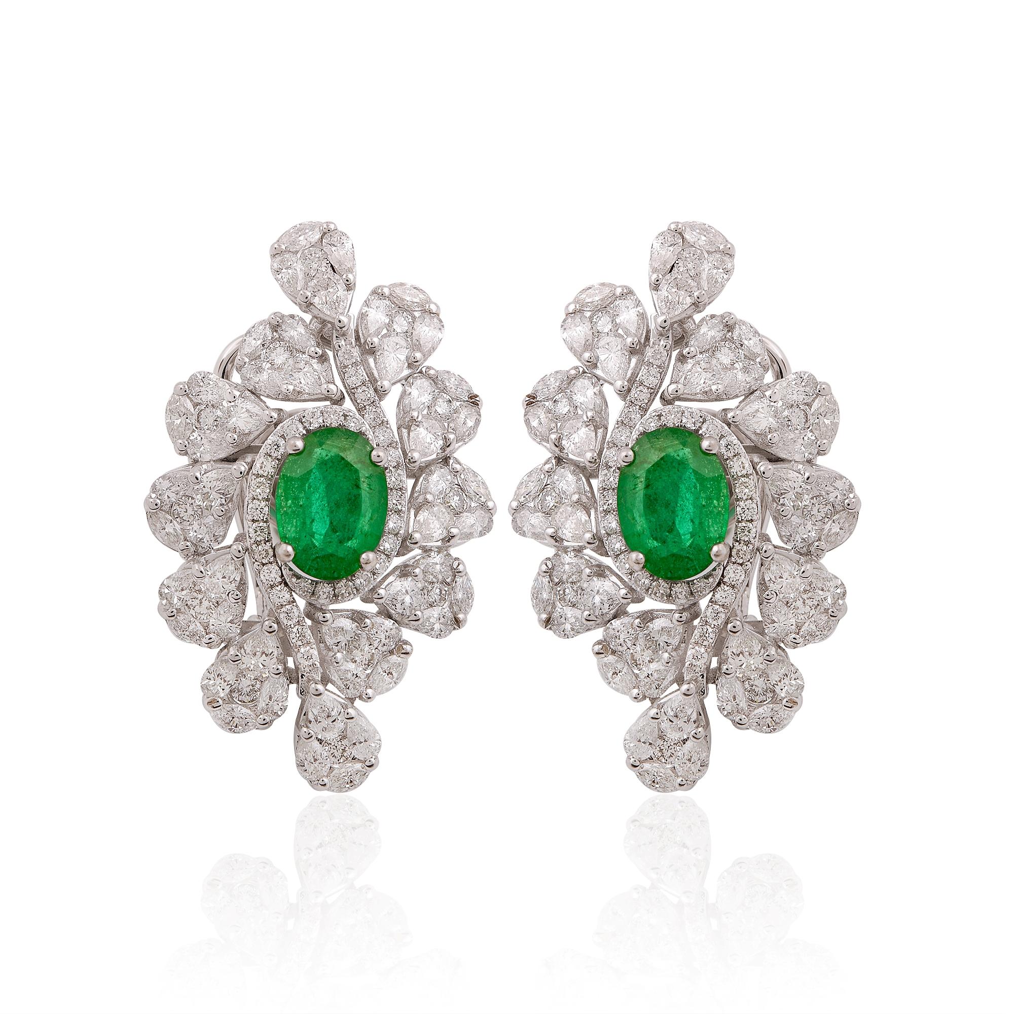 Statement 2.04Ct Emerald Pave Diamond Cluster Earrings Solid 18K White Gold Fine en vente 5