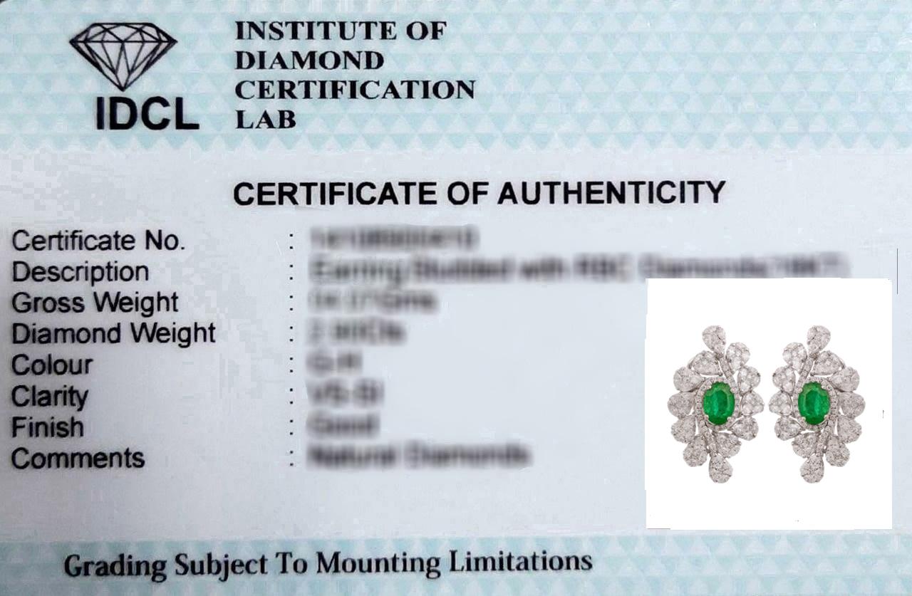 Statement 2.04Ct Emerald Pave Diamond Cluster Earrings Solid 18K White Gold Fine en vente 1