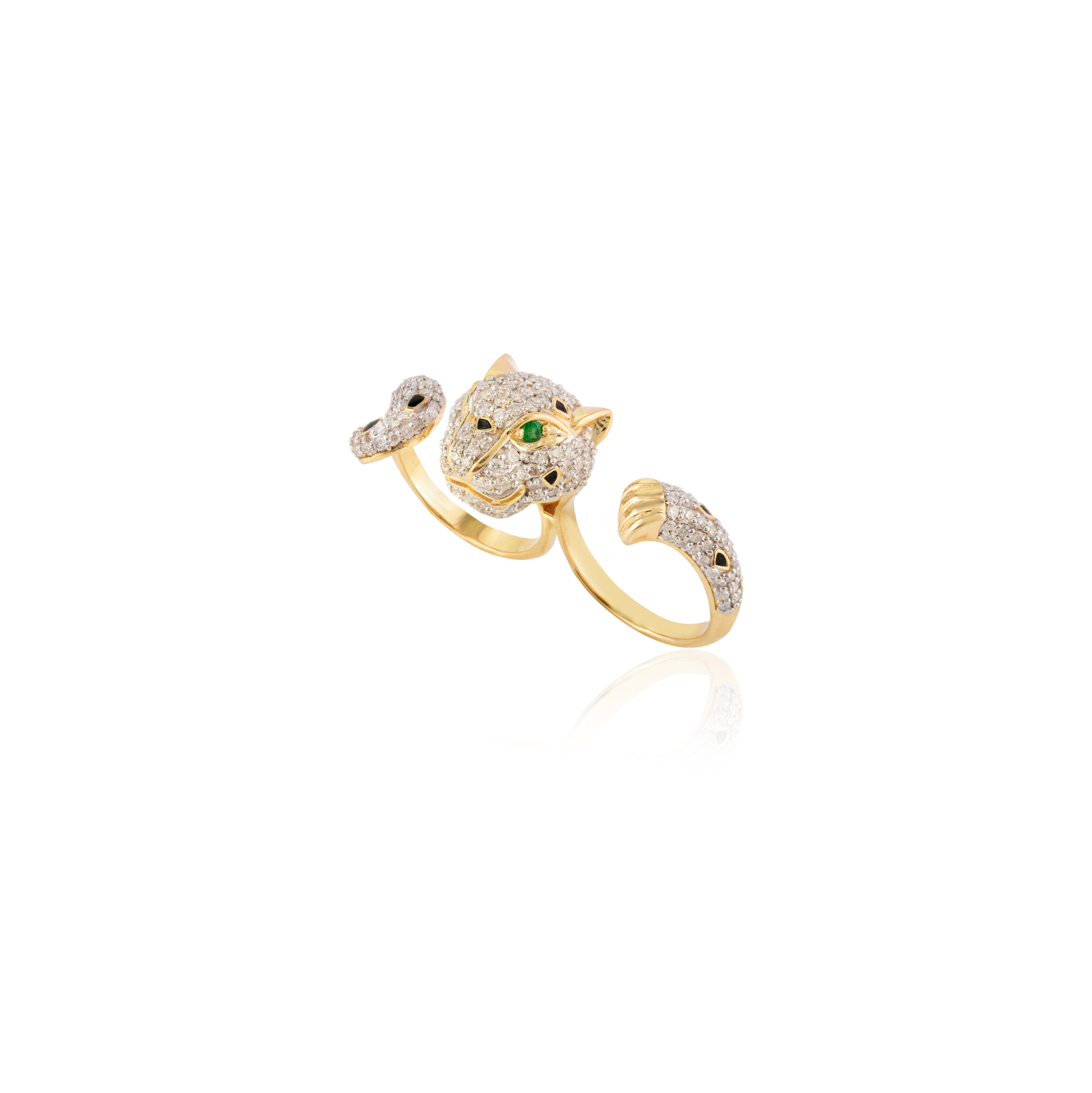 For Sale:  Statement 2.06 Carat Diamond Panther Double Finger Ring in 18k Yellow Gold 9