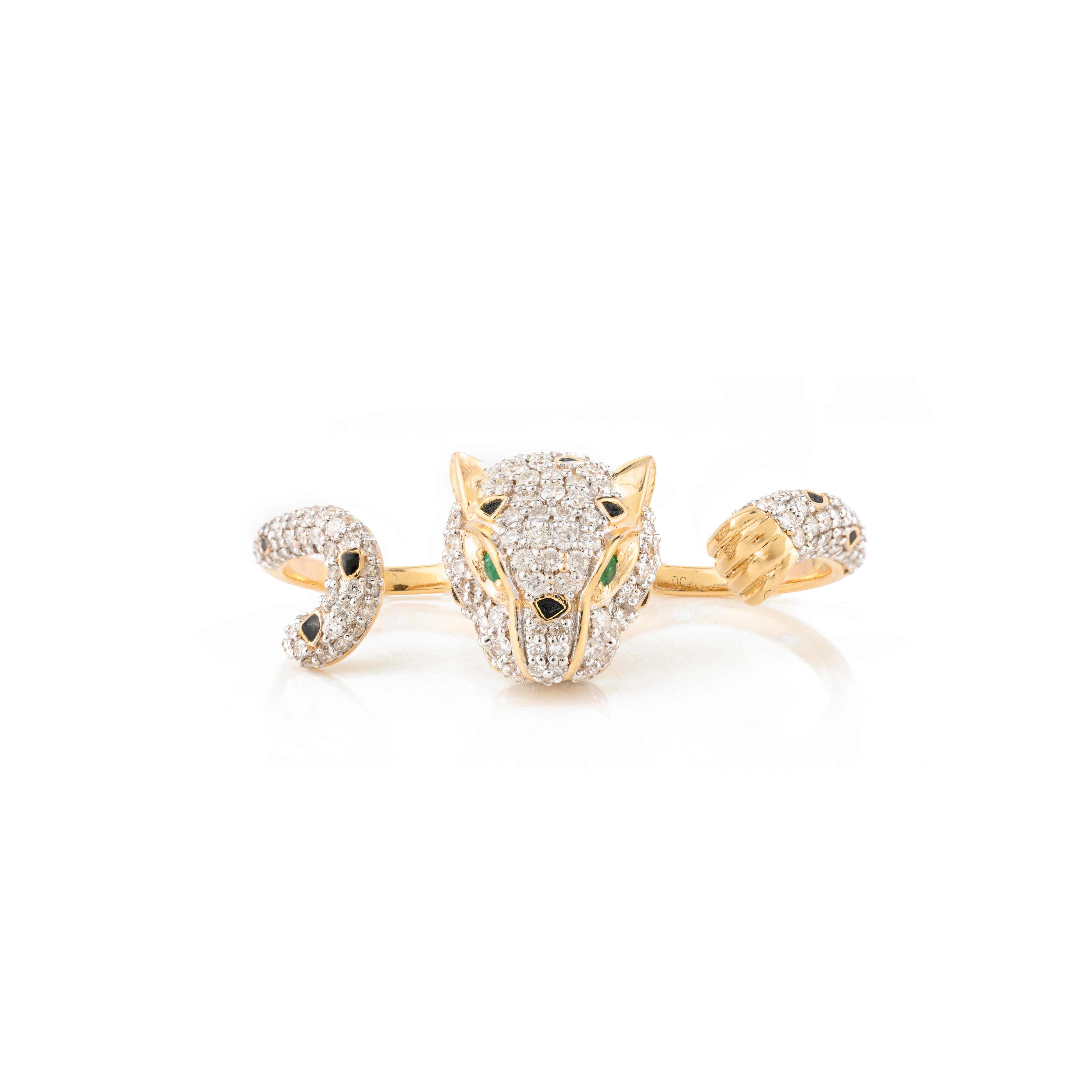 For Sale:  Statement 2.06 Carat Diamond Panther Double Finger Ring in 18k Yellow Gold 6