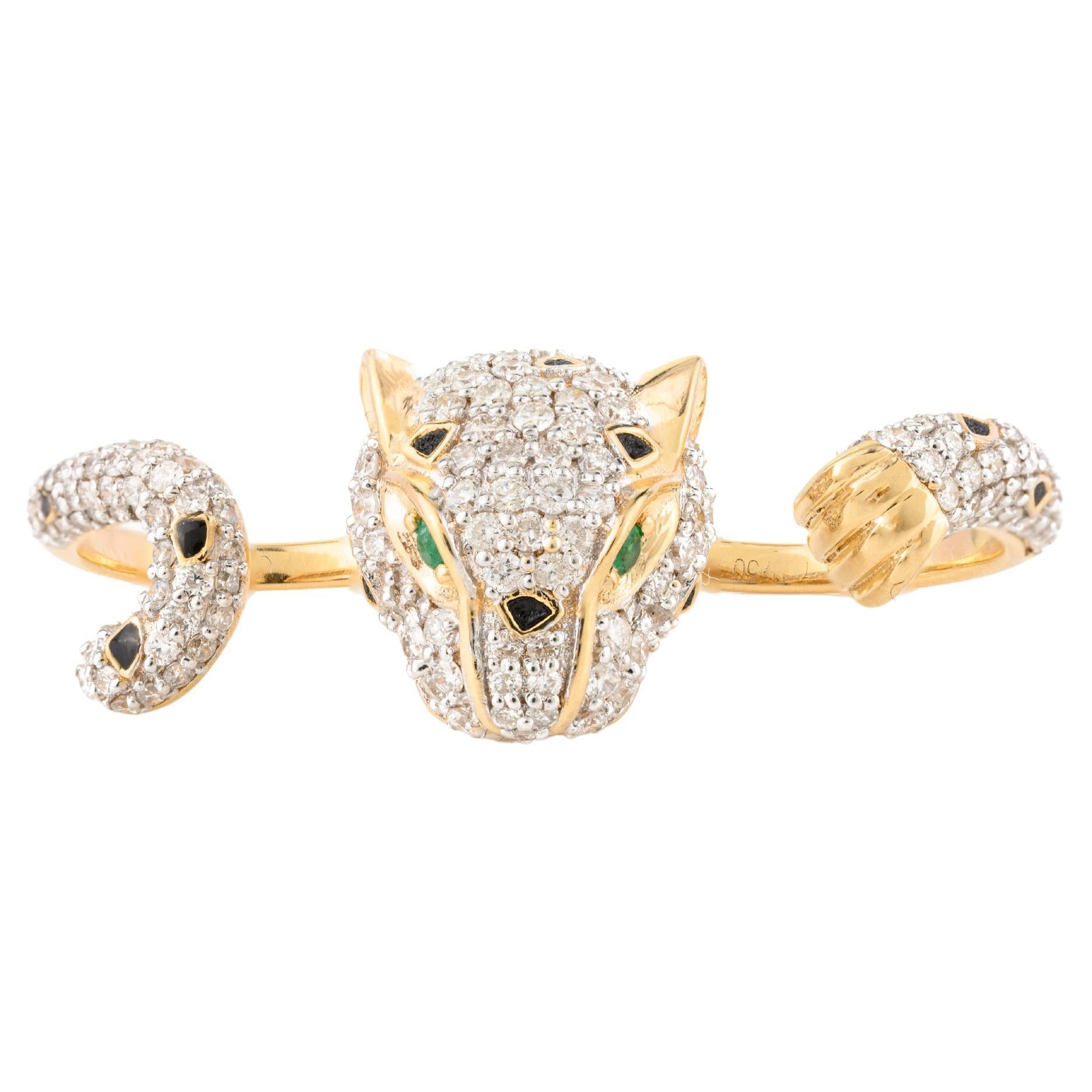 For Sale:  Statement 2.06 Carat Diamond Panther Double Finger Ring in 18k Yellow Gold