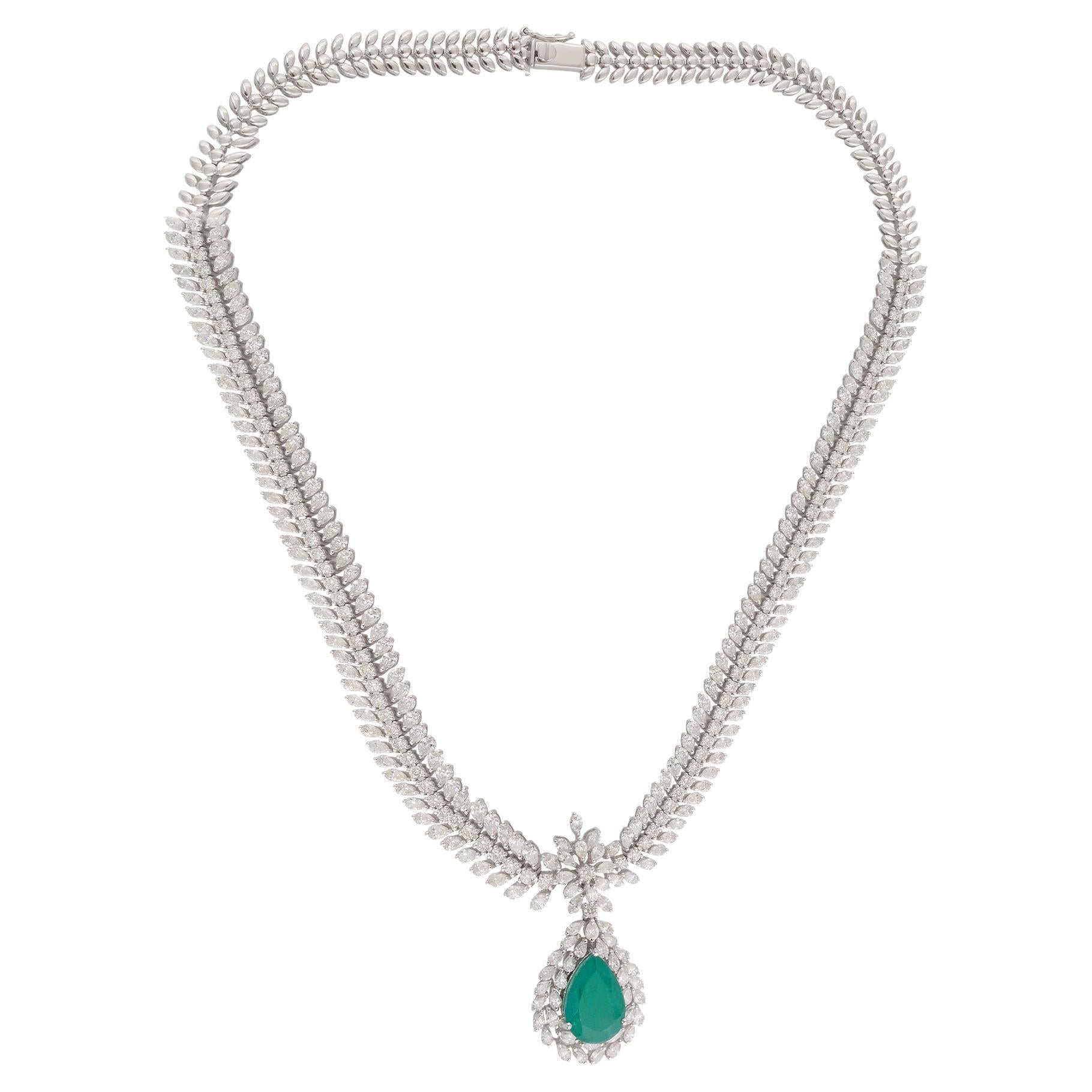 Dichiarazione 21.14Tcw Zambian Emerald Diamond Drop Wedding Necklace 14 White Gold.
Gli smeraldi sono simboli di amore, rinascita e prosperità. Proveniente da miniere di fiducia, ogni smeraldo è selezionato a mano per il suo colore verde intenso, la