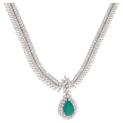 Statement 21.14Tcw Zambian Emerald Diamond Drop Wedding Necklace 18 White Gold
