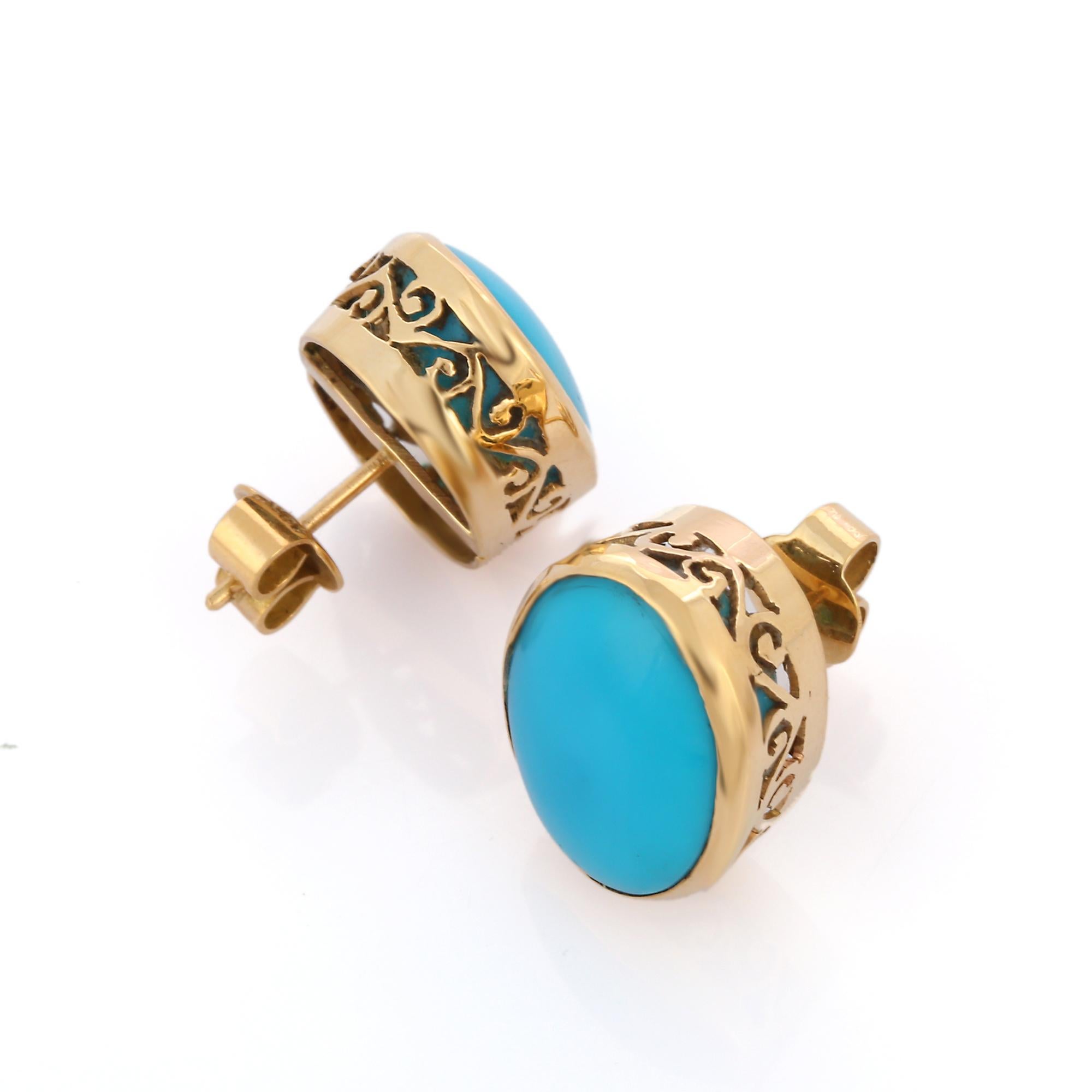 Studs create a subtle beauty while showcasing the colors of the natural precious gemstones. 

Oval cut cabochon turquoise studs in 18K gold. Embrace your look with these stunning pair of earrings suitable for any occasion to complete your