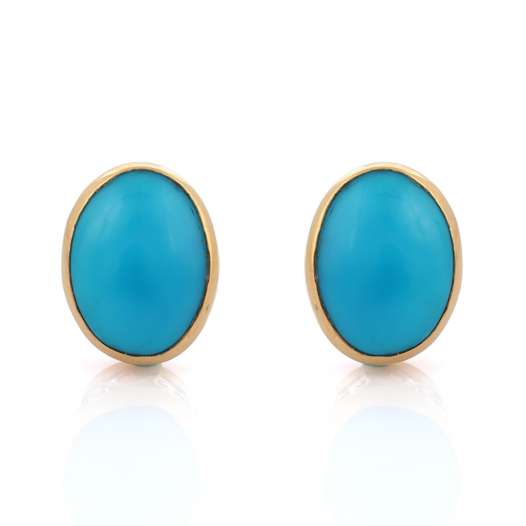 Oval Cut 24.15 ct Bezel Set Turquoise Stud Earrings in 18K Solid Yellow Gold  For Sale
