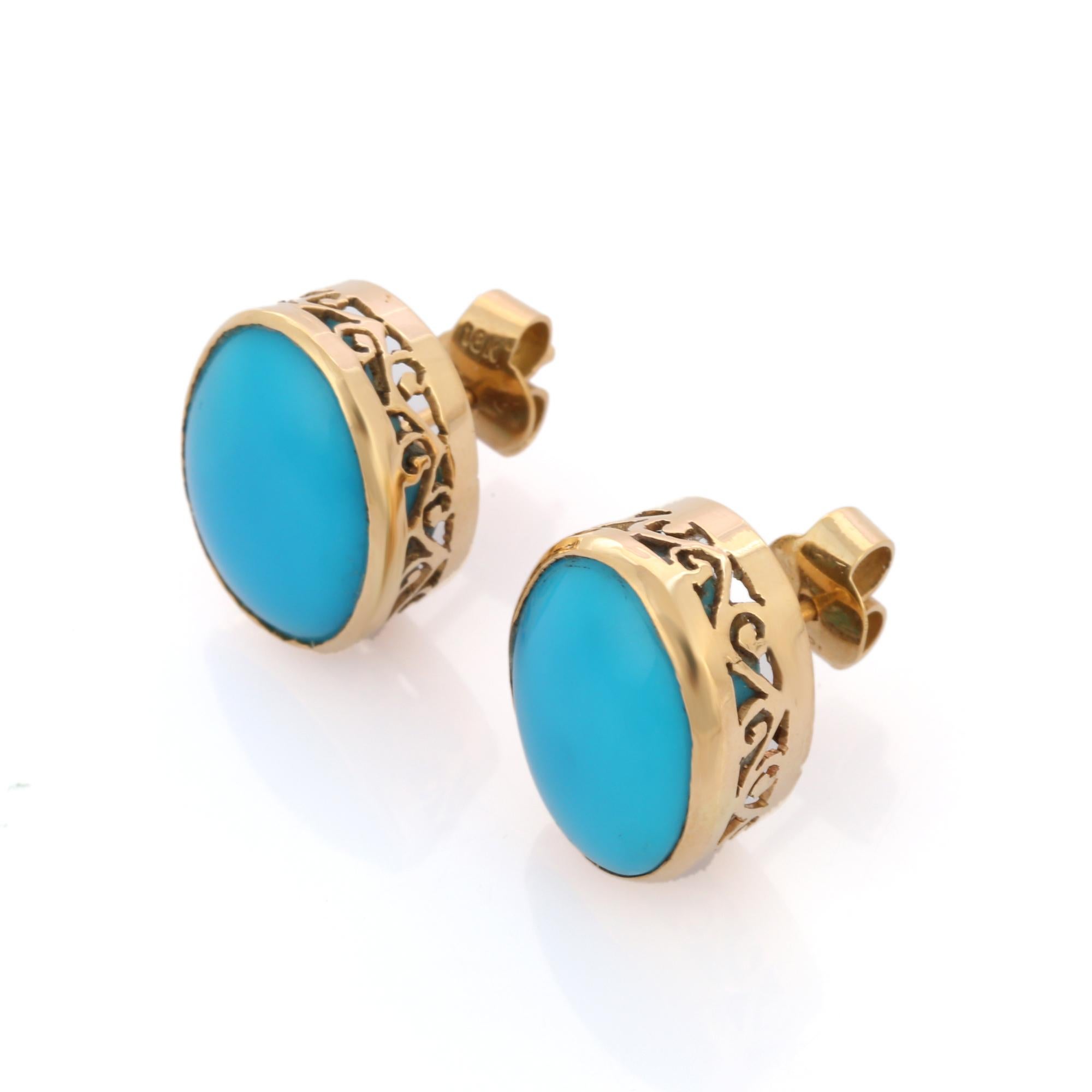 24.15 ct Bezel Set Turquoise Stud Earrings in 18K Solid Yellow Gold  In New Condition For Sale In Houston, TX