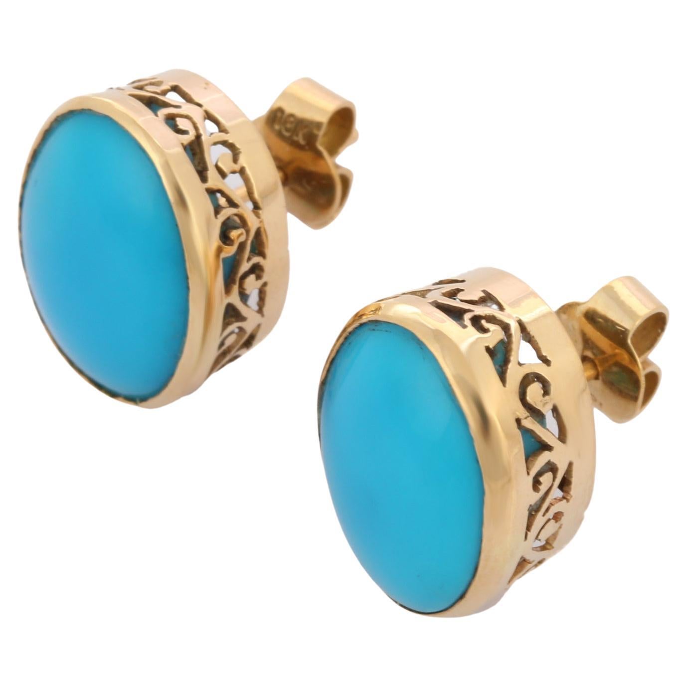 24.15 ct Bezel Set Turquoise Stud Earrings in 18K Solid Yellow Gold  For Sale