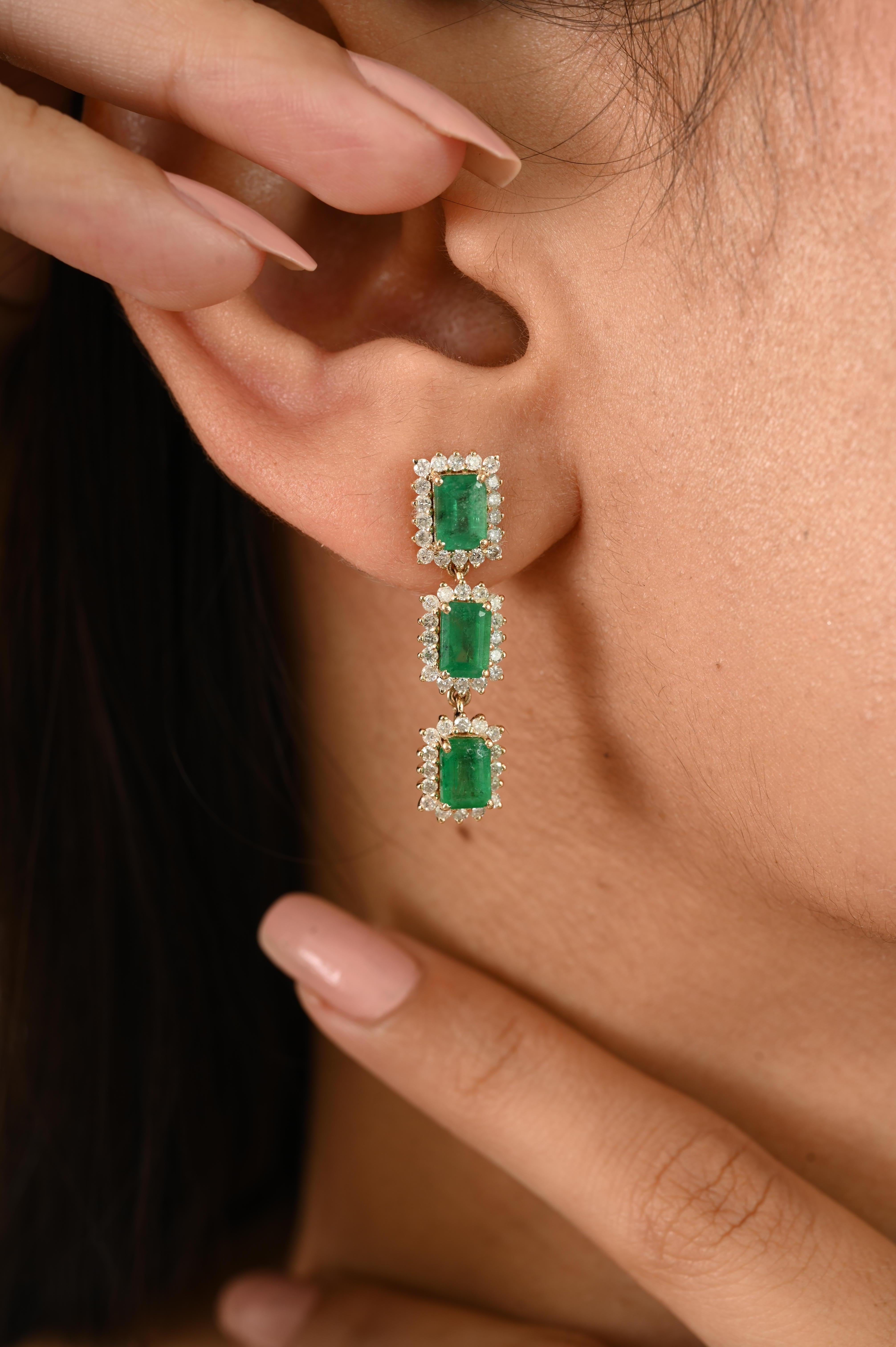 Octagon Cut Statement 3.73Ct Emerald & 1.14Ct Diamonds Dangle Drop Earrings 14k Yellow Gold For Sale