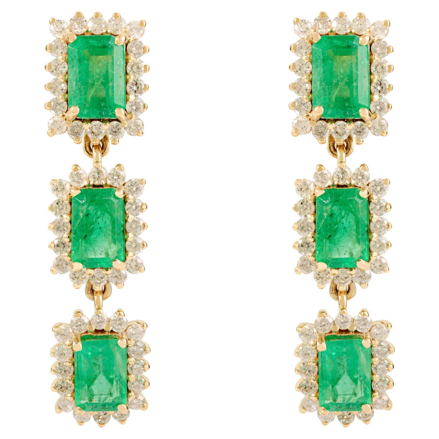 Statement 3.73Ct Emerald & 1.14Ct Diamonds Dangle Drop Earrings 14k Yellow Gold For Sale