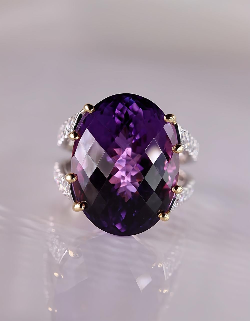 Contemporary Statement 39.25 ct Amethyst & 1.03 ct Diamond Ring in Elegant 18kt White & Yello For Sale