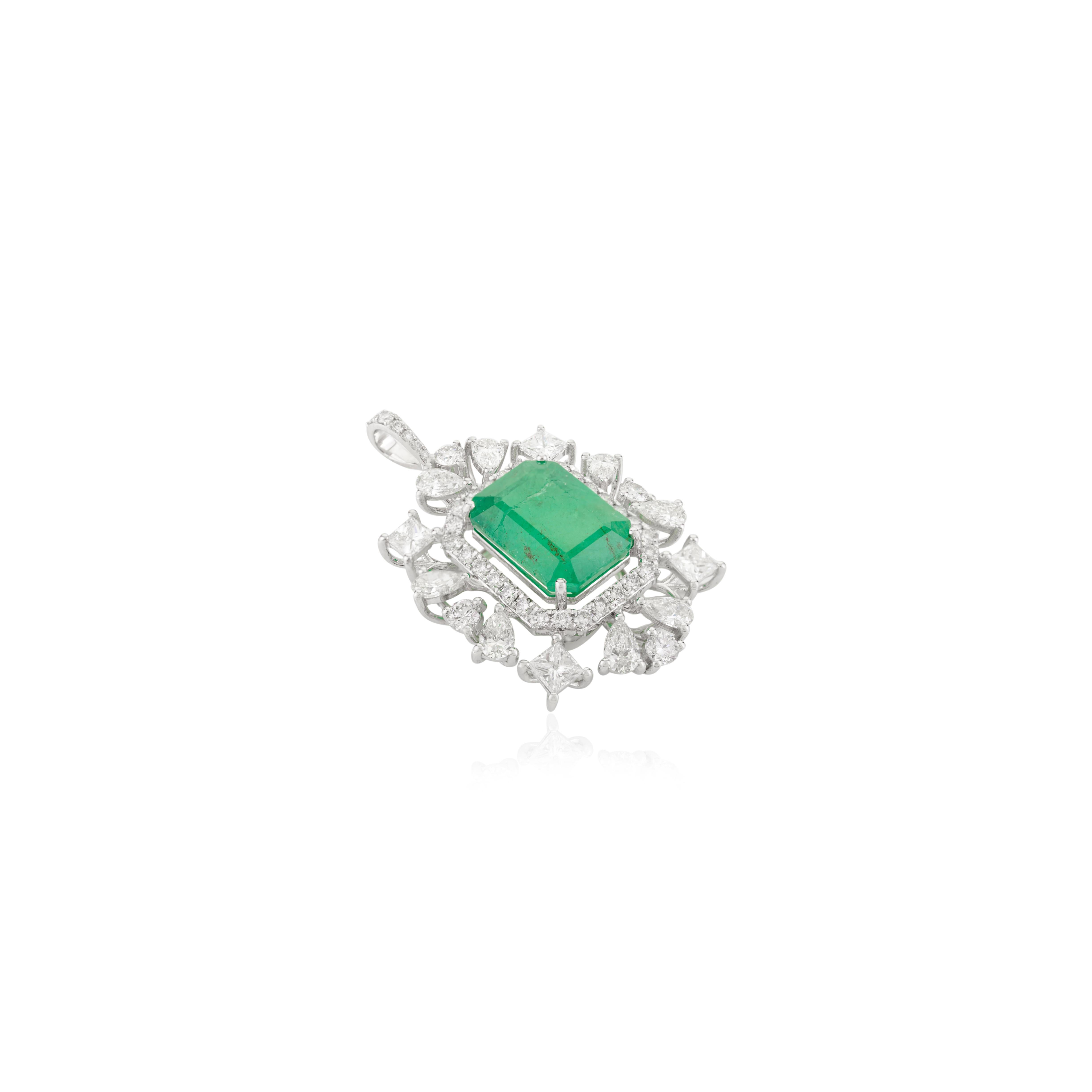 Statement 4.29 Carats Emerald Diamond Wedding Pendant in 18K Gold. This stunning piece of jewelry instantly elevates a casual look or dressy outfit. 
Emerald enhances the intellectual capacity of the person.
Designed with octagon cut emerald set
