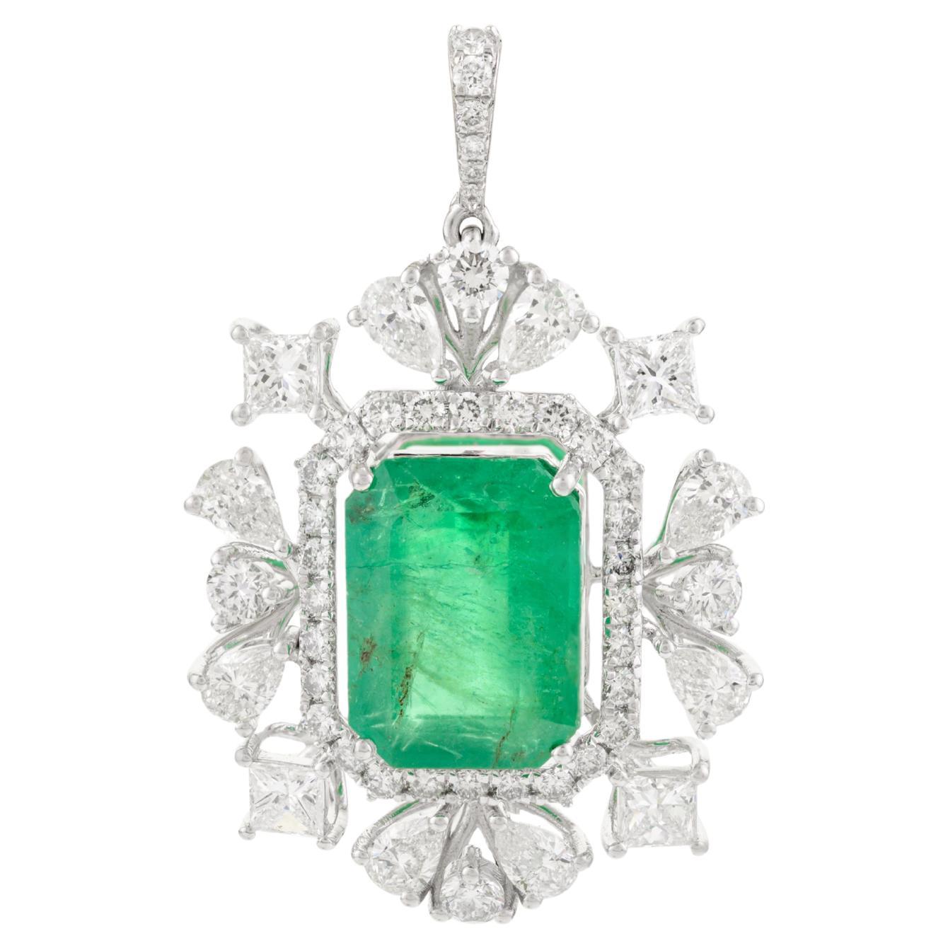 Statement 4.29 Carats Emerald Diamond Wedding Pendant Crafted in 18k White Gold For Sale
