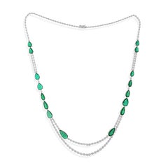 Statement 43.13Tcw Emerald Diamond Double Layer Necklace 14 Karat White Gold