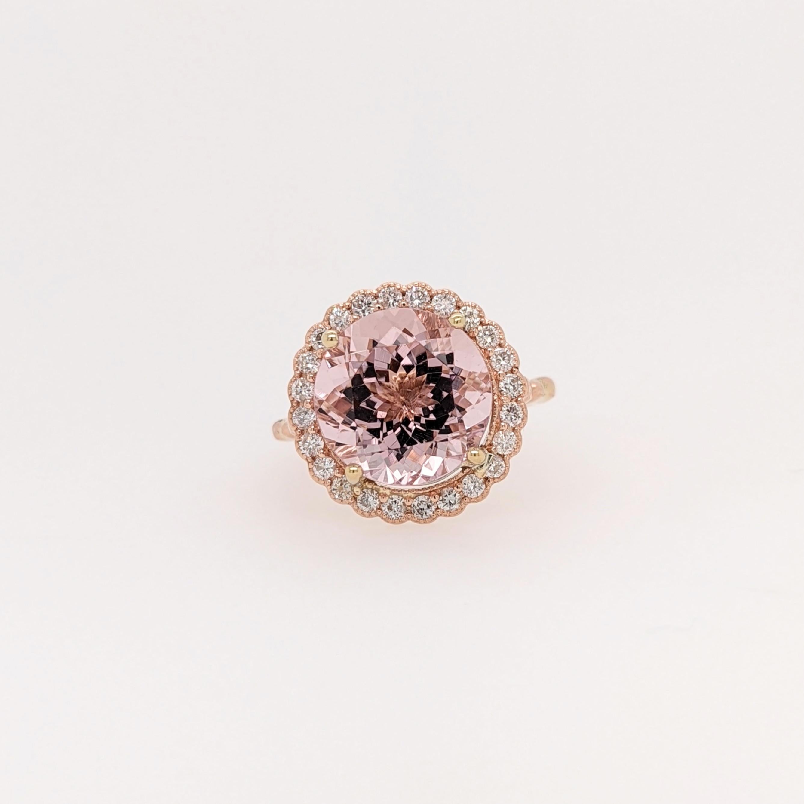 Introducing a show-stopping statement ring featuring a mesmerizing 5 carat Morganite centerpiece, perfectly accented with all-natural diamond accents. This exquisite ring speaks volumes of elegance and allure, destined to capture hearts and make a