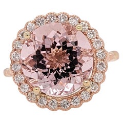5ct Pink Morganite Ring w Earth Mined Diamonds in Solid 14K Rose Gold Round 11mm