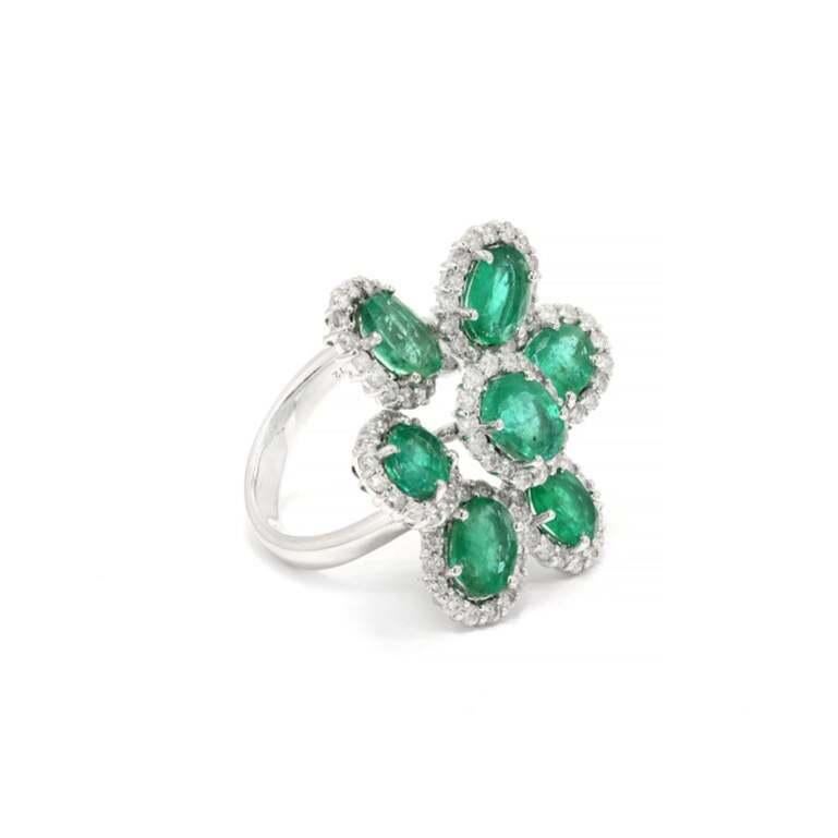 For Sale:  Statement 5 CTW Emerald Floral Cocktail Ring with Diamonds in 14k White Gold 7