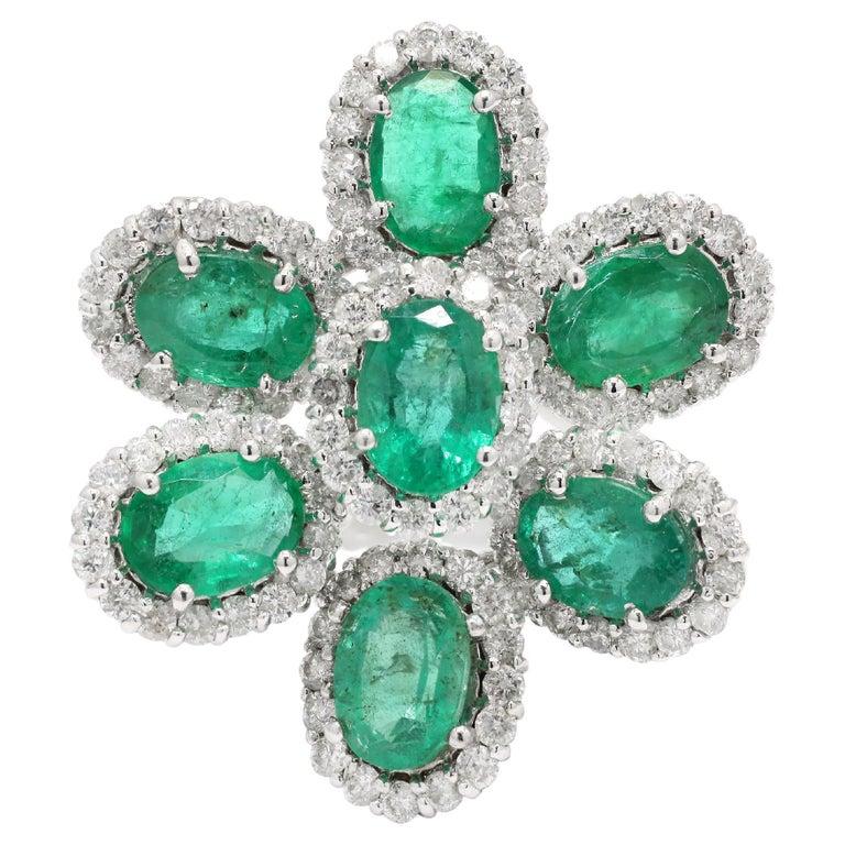 For Sale:  Statement 5 CTW Emerald Floral Cocktail Ring with Diamonds in 14k White Gold 9