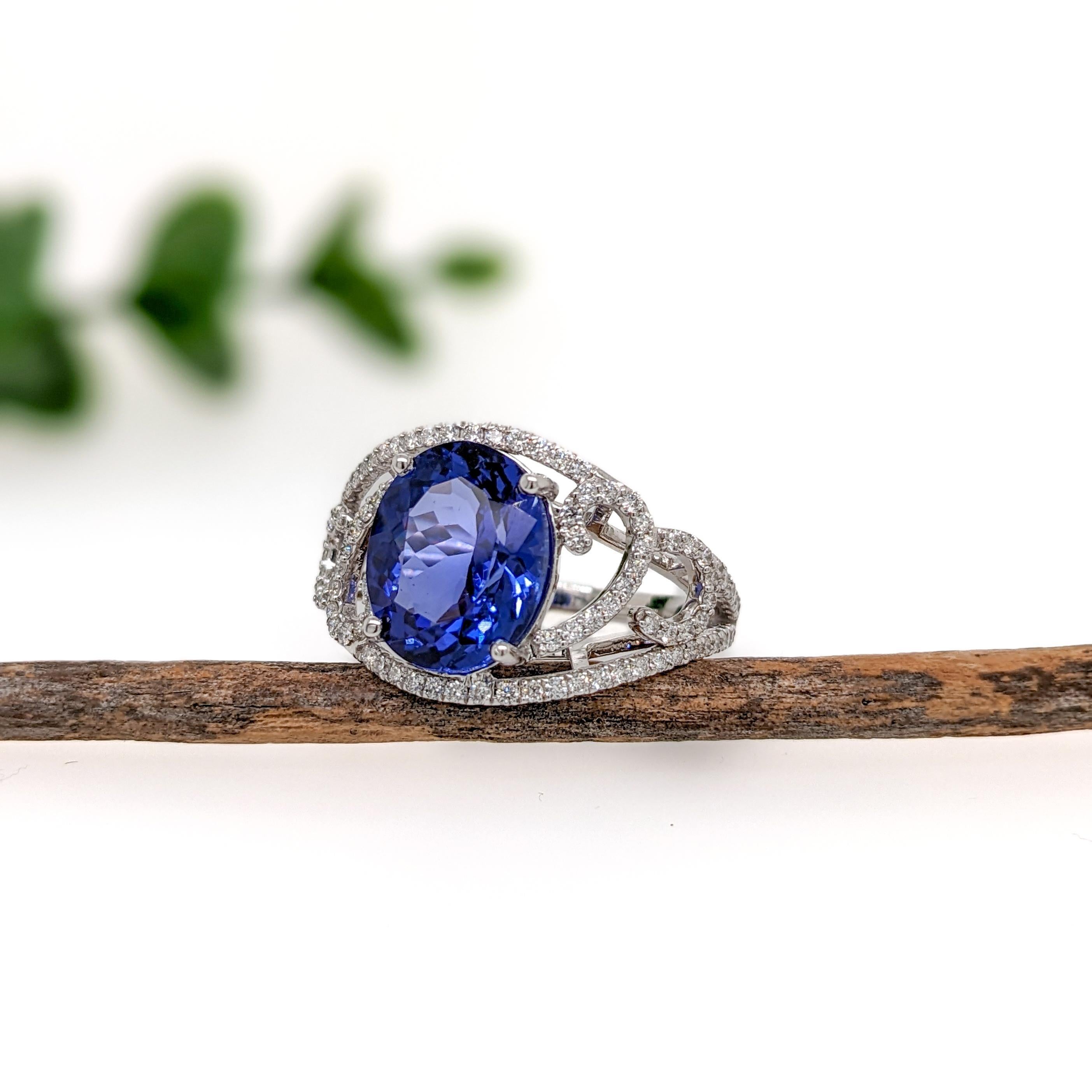 Oval Cut Statement 5.4ct Tanzanite Ring W Earth Mined Diamonds in Solid 14K White Gold For Sale