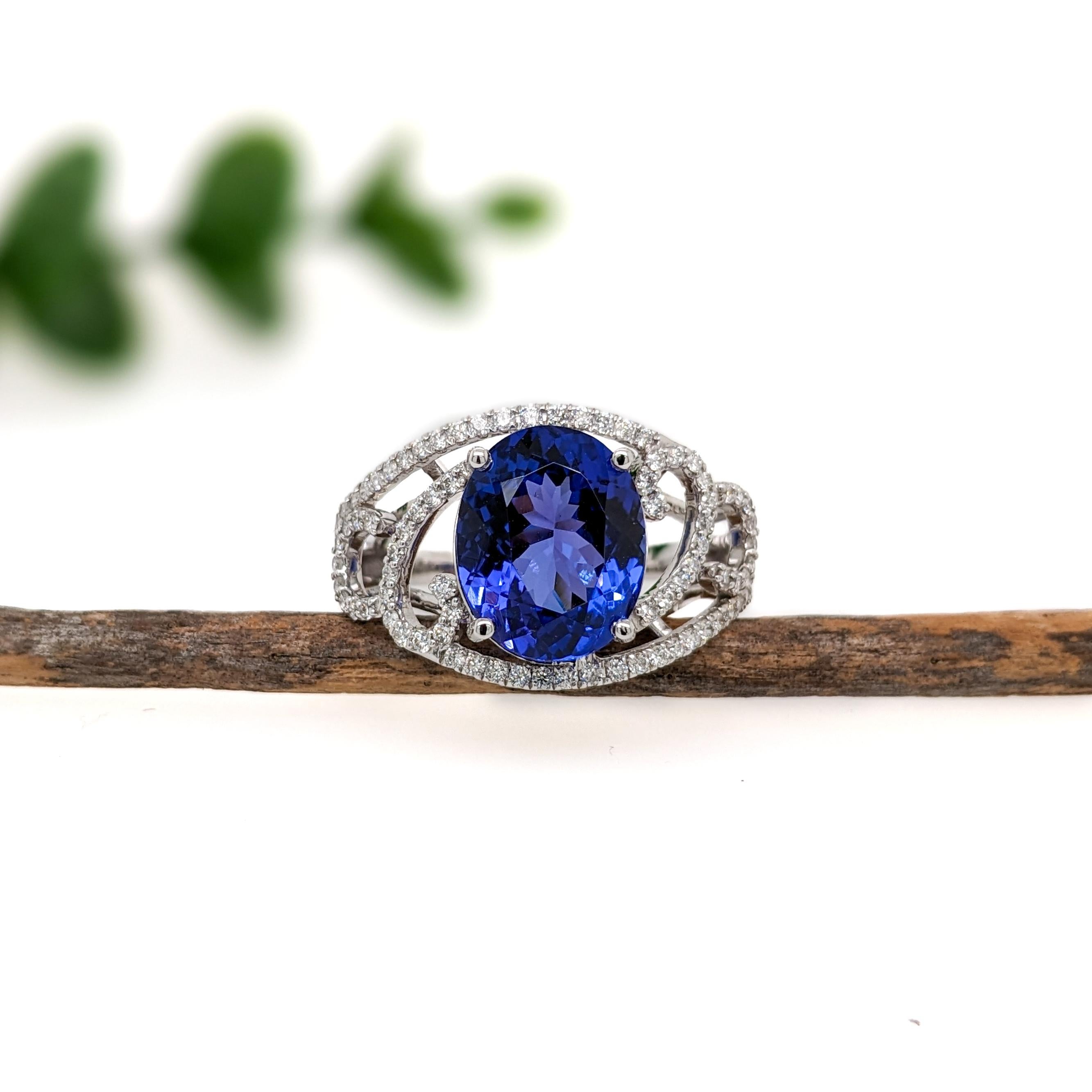 Art Deco Statement 5.4ct Tanzanite Ring W Earth Mined Diamonds in Solid 14K White Gold For Sale