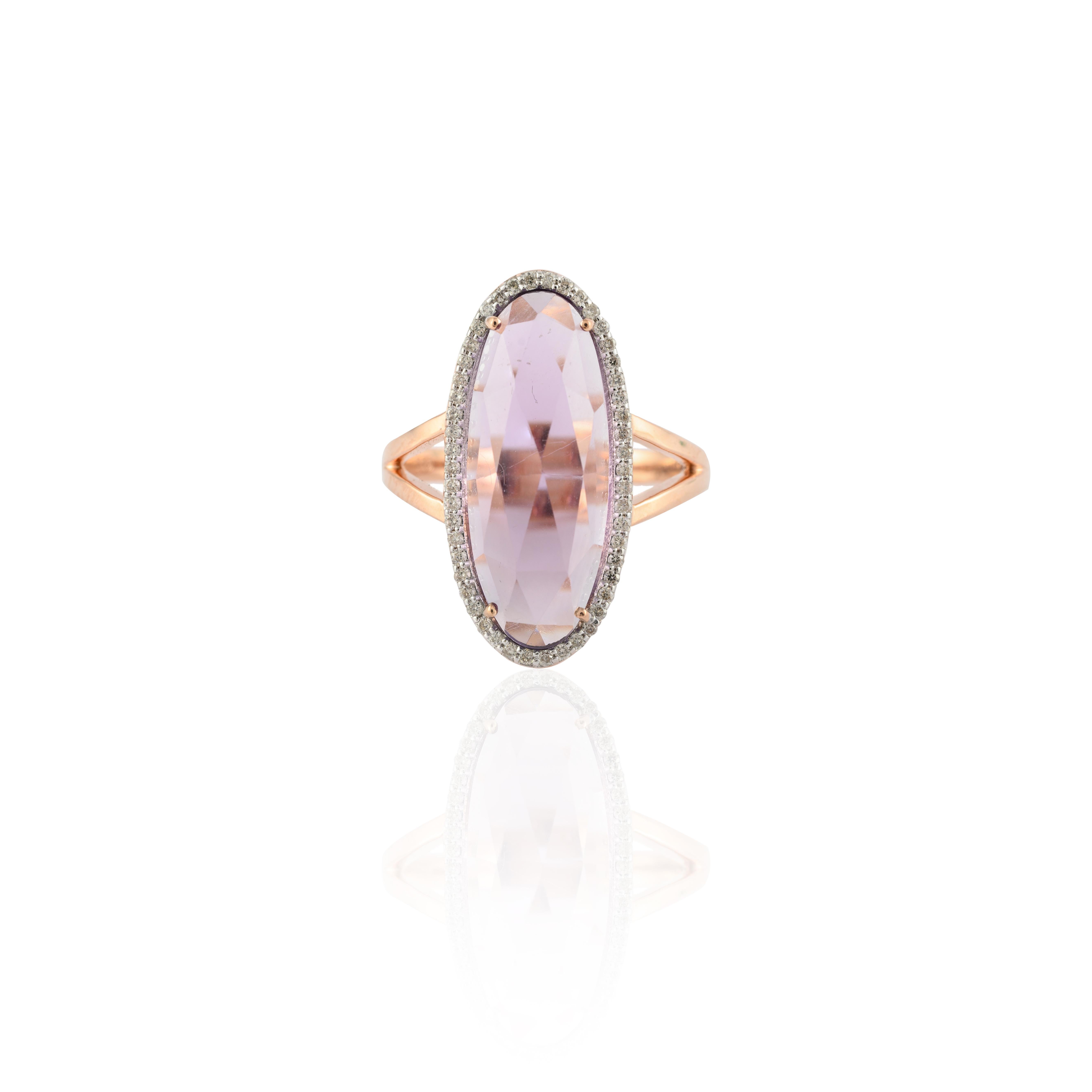 Oval Cut Statement 5.73 Carat Amethyst Diamond Ring 14 Karat Solid Rose Gold For Sale