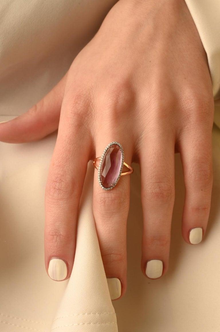 Statement 5.73 Carat Amethyst Diamond Ring 14 Karat Solid Rose Gold In New Condition For Sale In New York, NY