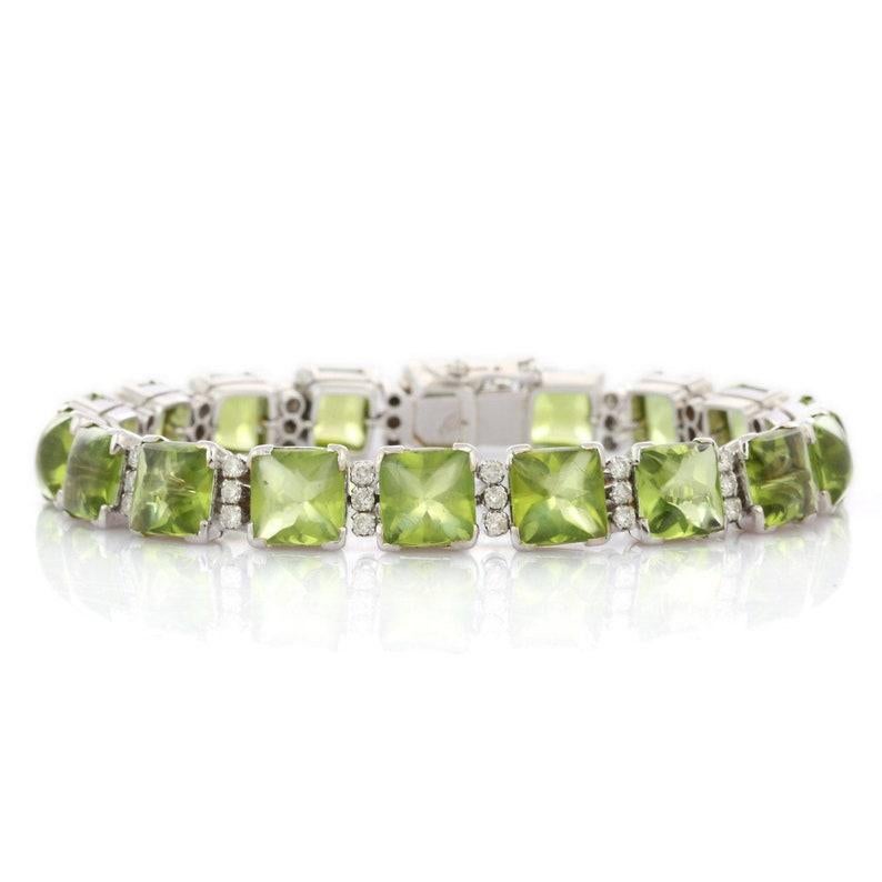 Contemporary Statement 58.5 Carat Peridot Bracelet with Diamonds in 18k Solid White Gold For Sale