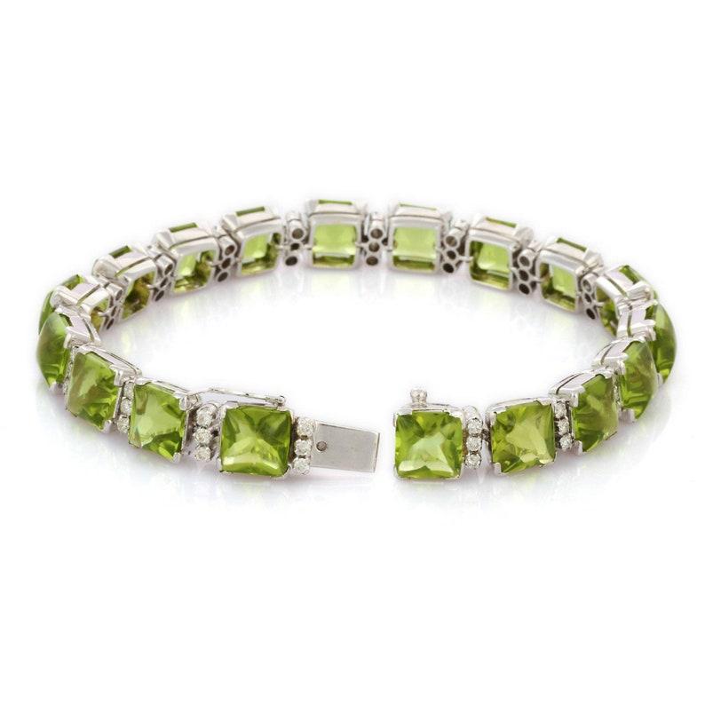 Cushion Cut Statement 58.5 Carat Peridot Bracelet with Diamonds in 18k Solid White Gold For Sale