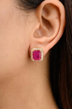 Statement 5.93 CTW Ruby and Halo Diamond Stud Earrings in 18k Solid Yellow Gold