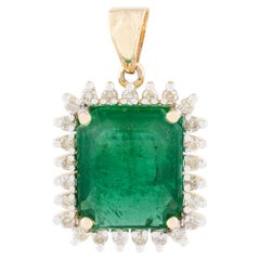 Statement 6.04 CTW Octagon Emerald Halo Diamond Pendant in 14k Solid Yellow Gold