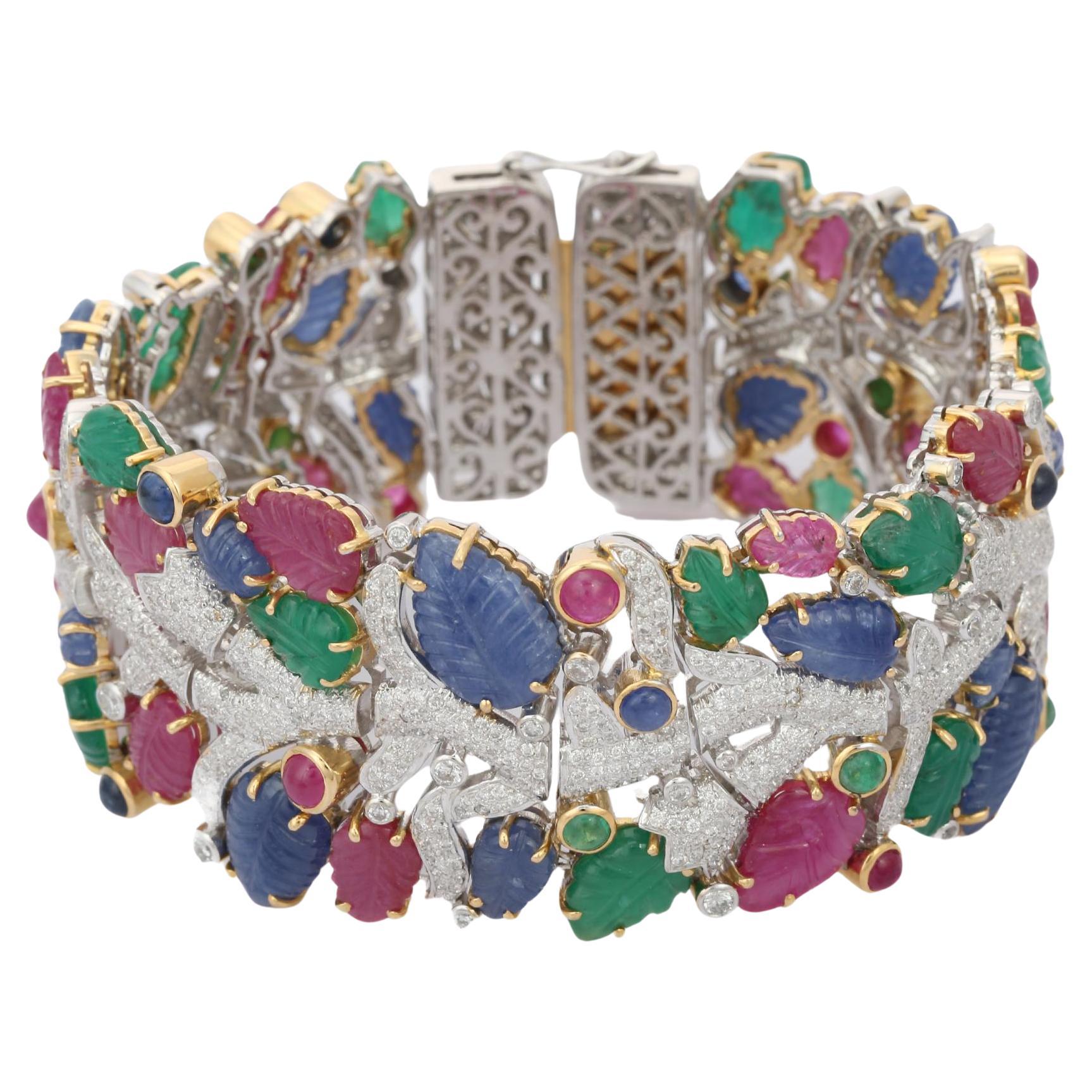 Pulsera brazalete con esmeralda, rubí y zafiro de 68,50 ct en oro blanco macizo de 18 quilates