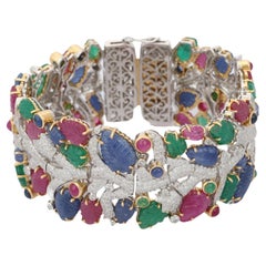 Pulsera brazalete con esmeralda, rubí y zafiro de 68,50 ct en oro blanco macizo de 18 quilates