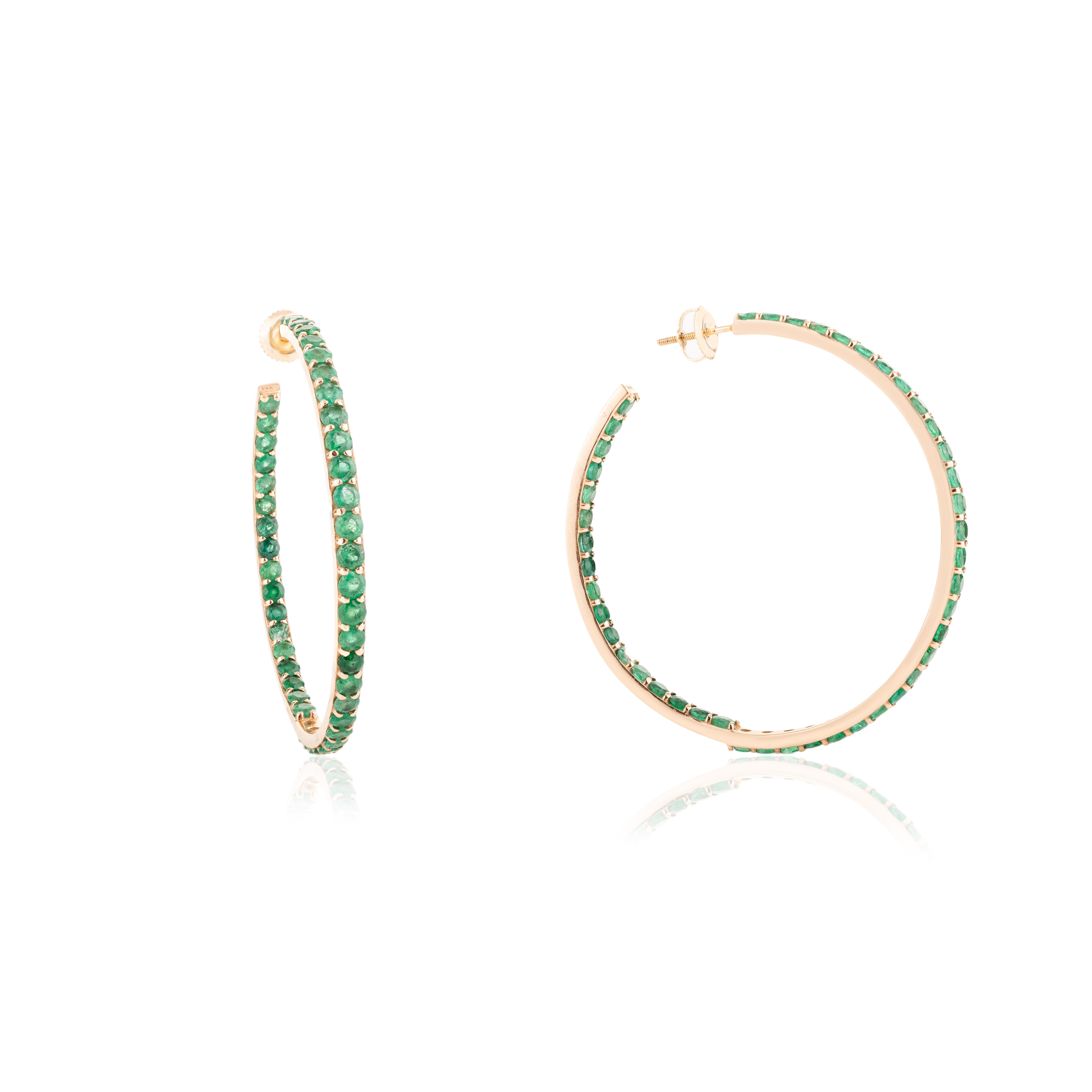 Art déco Boucles d'oreilles pour elle en or jaune massif 14k avec émeraude de 7,33 carats en vente