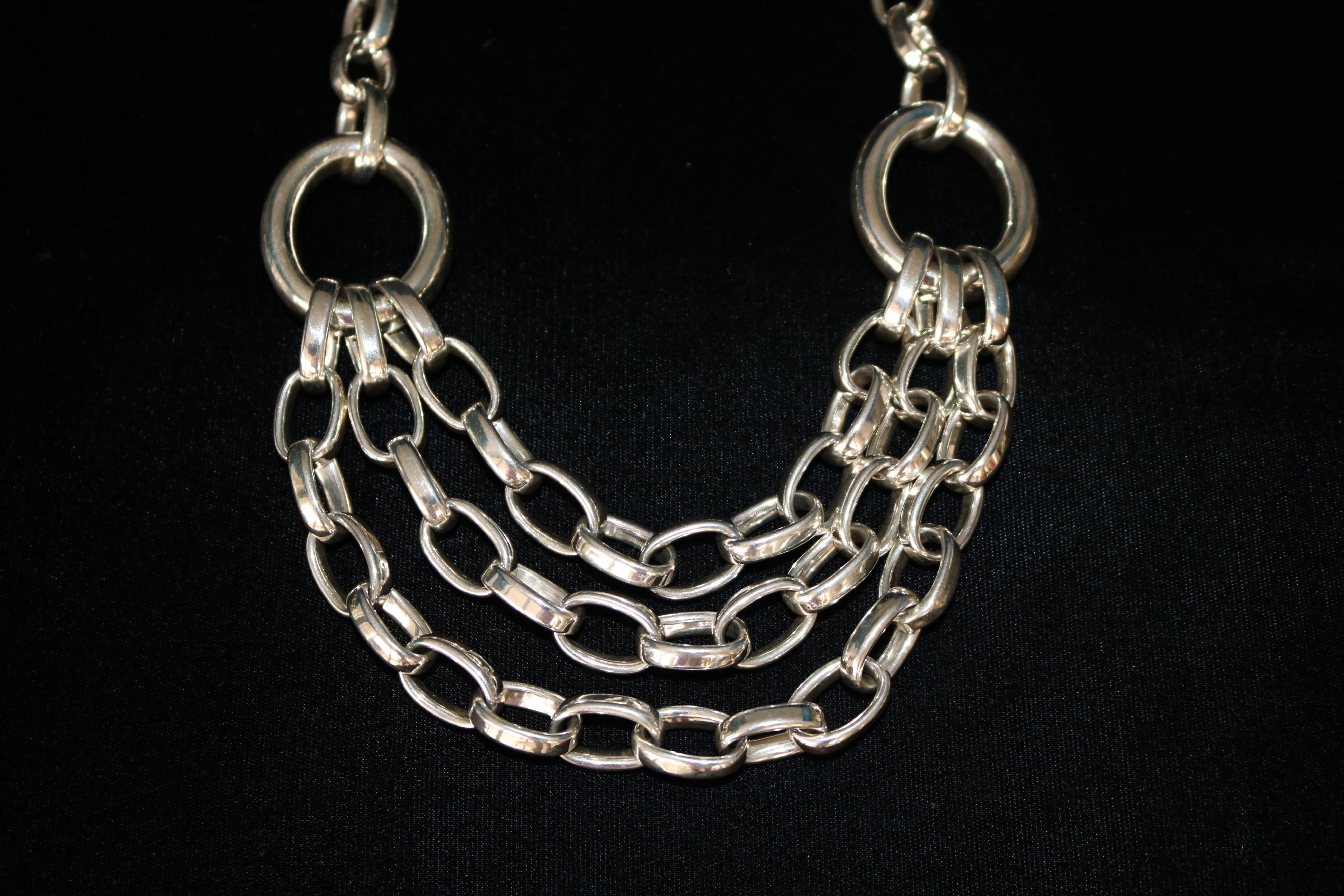 Modern Statement 925 Silver Multi Strand Link Necklace  For Sale