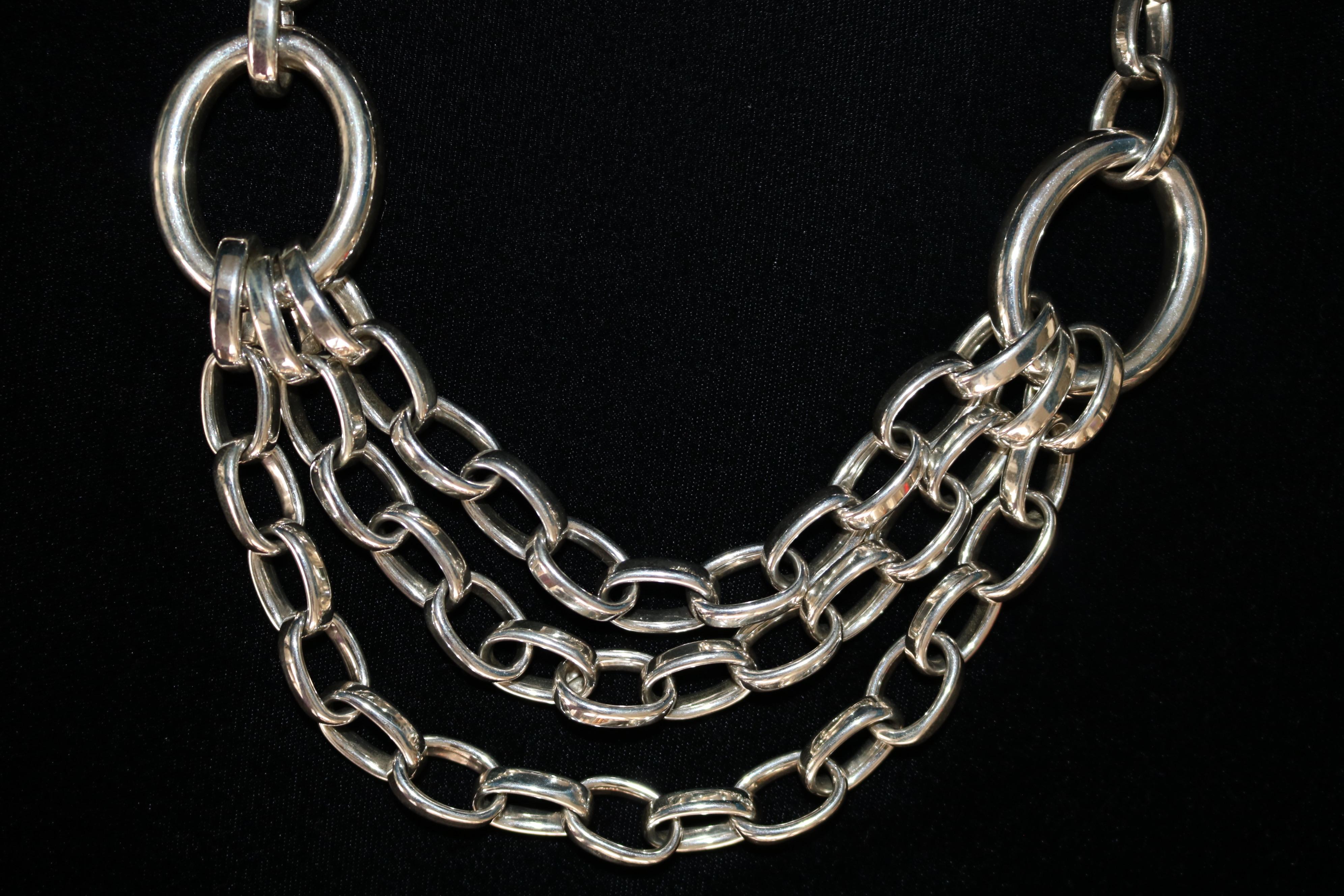 Statement 925 Silver Multi Strand Link Necklace  For Sale 1