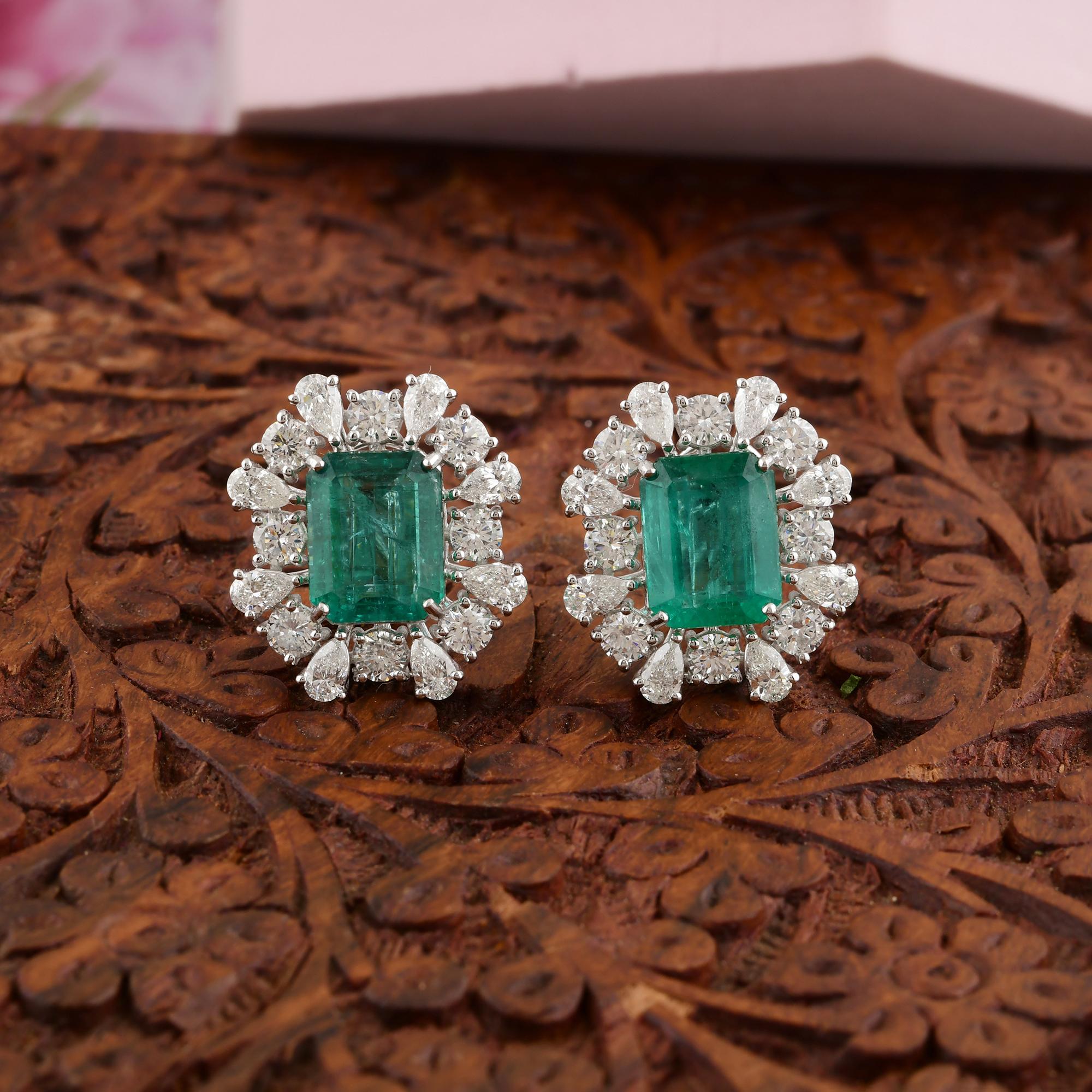 Women's Statement 9.35ct Zambian Emerald 5.65 Halo Diamond Stud Earrings 14k White Gold For Sale