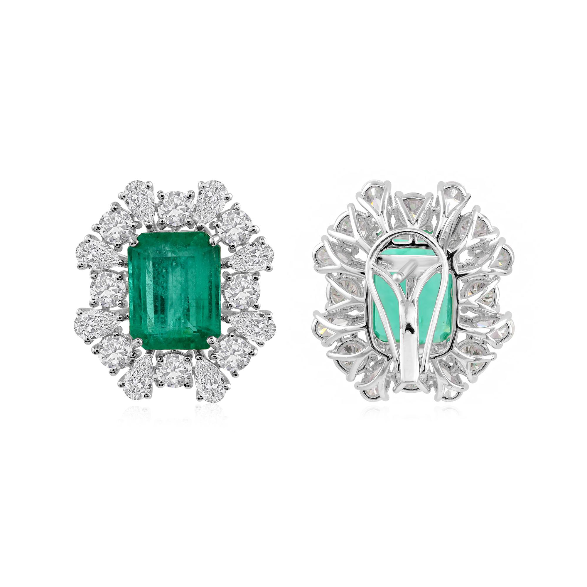 Art déco Boucles d'oreilles en or blanc 18k avec émeraude zambienne de 9,35ct et diamant en halo de 5,65 en vente