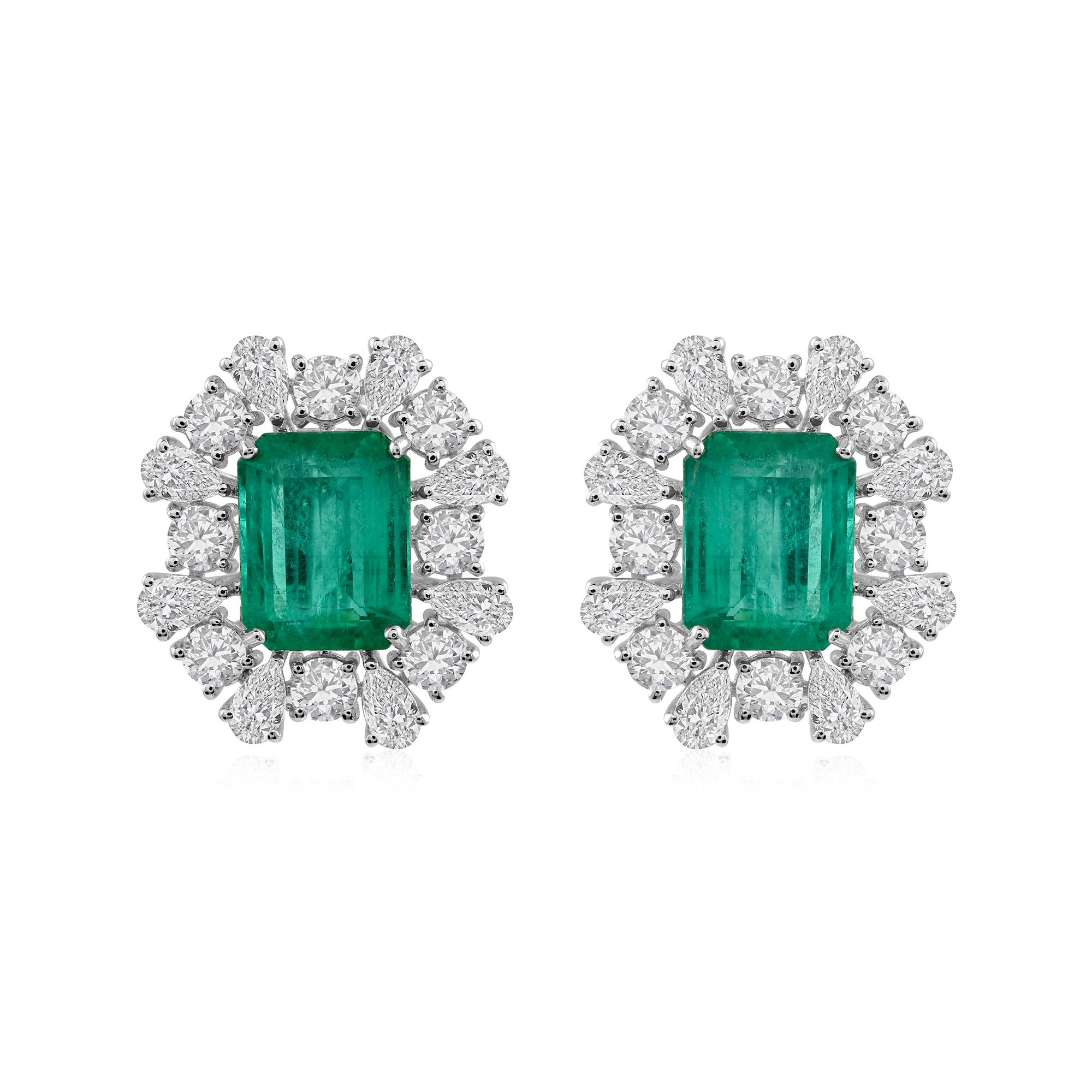 Boucles d'oreilles en or blanc 18k avec émeraude zambienne de 9,35ct et diamant en halo de 5,65 en vente 3