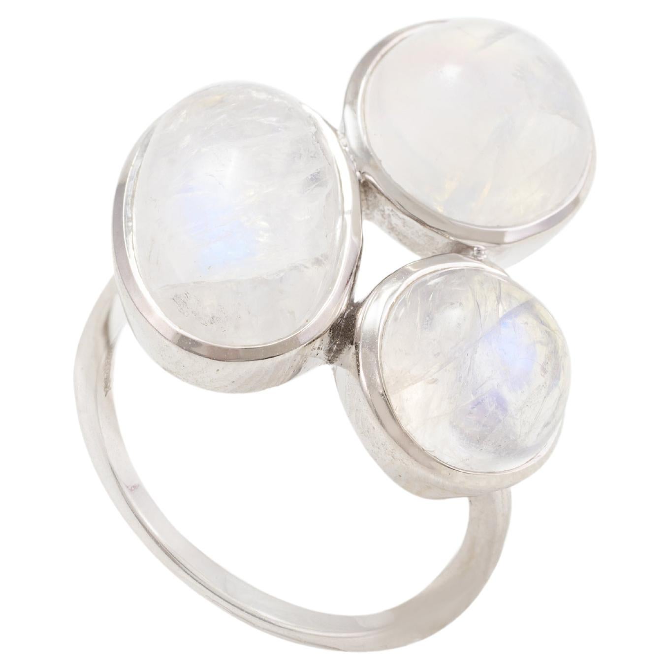 Statement Three-Stone 9.86 CTW Moonstone Cocktail Ring in 18k Solid White Gold