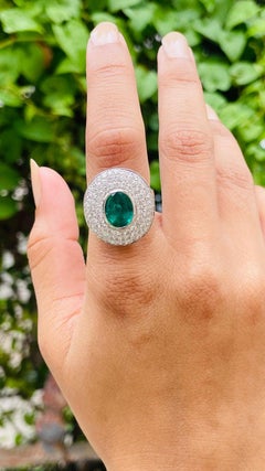 Statement AAA Emerald Diamond Cocktail Ring in 18k Solid White Gold