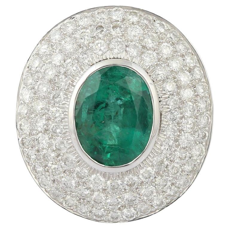Statement AAA Emerald Diamond Cocktail Ring in 18k Solid White Gold