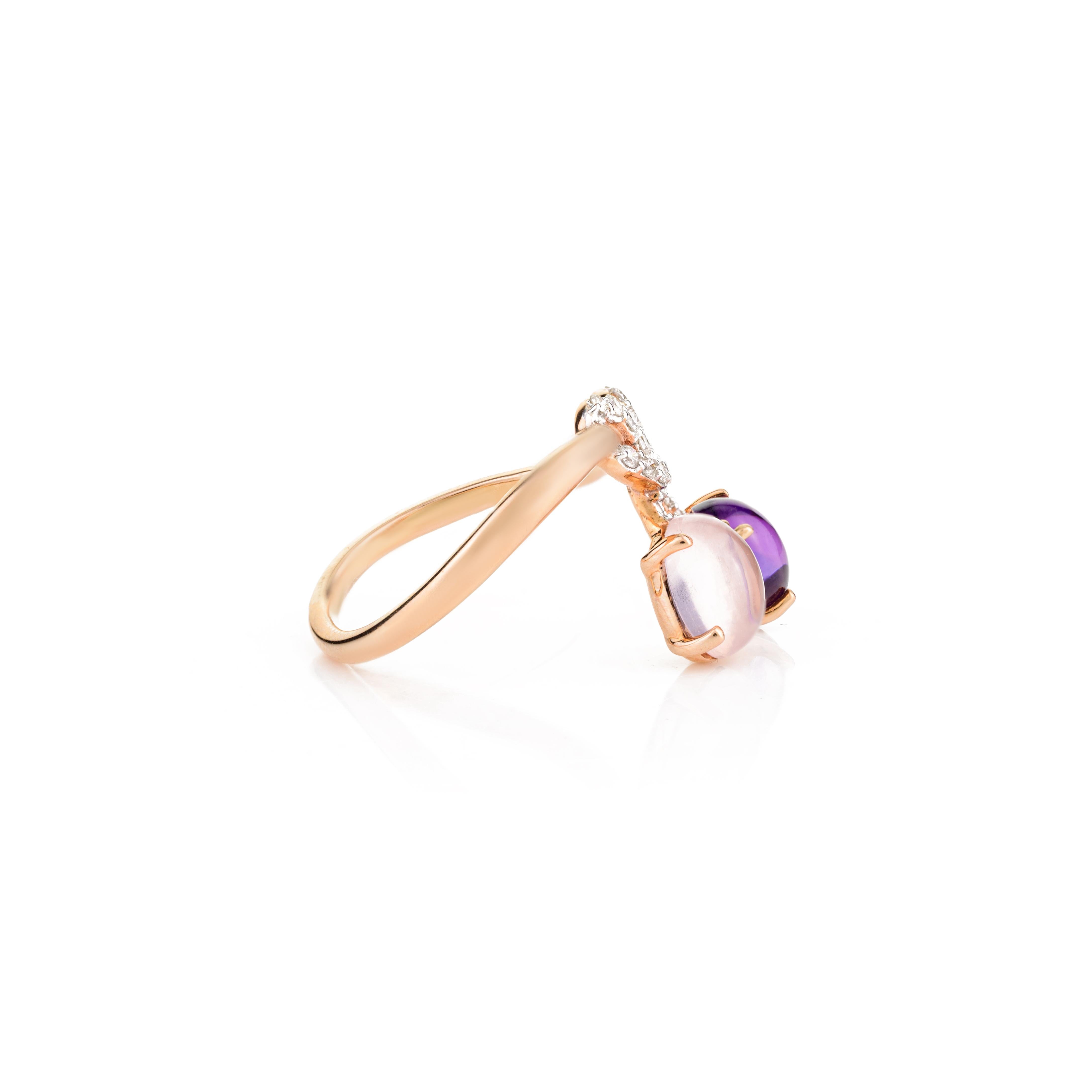 For Sale:  Statement Amethyst and Rose Quartz Ring with Diamond Bow 18k Solid Rose Gold 2