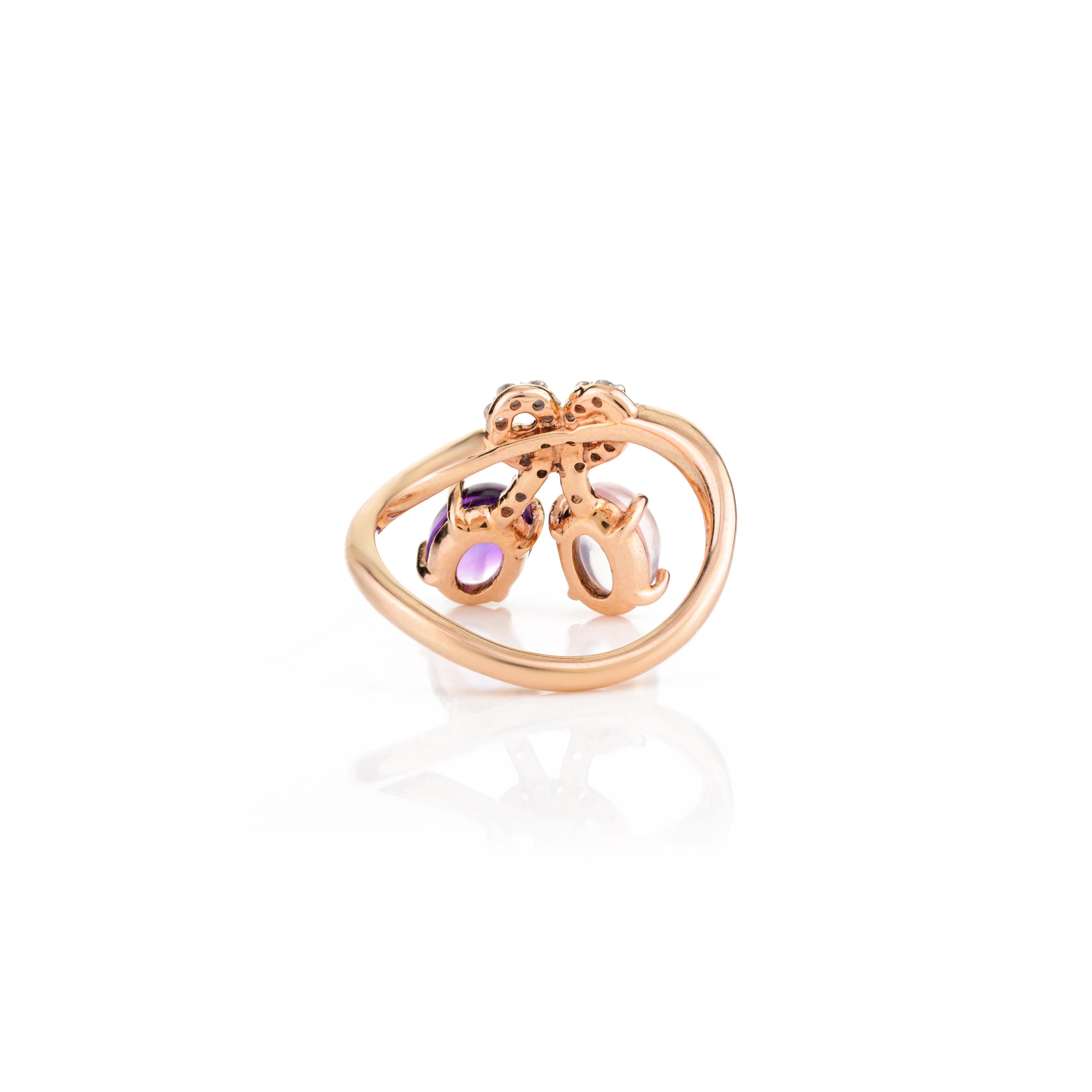 For Sale:  Statement Amethyst and Rose Quartz Ring with Diamond Bow 18k Solid Rose Gold 3